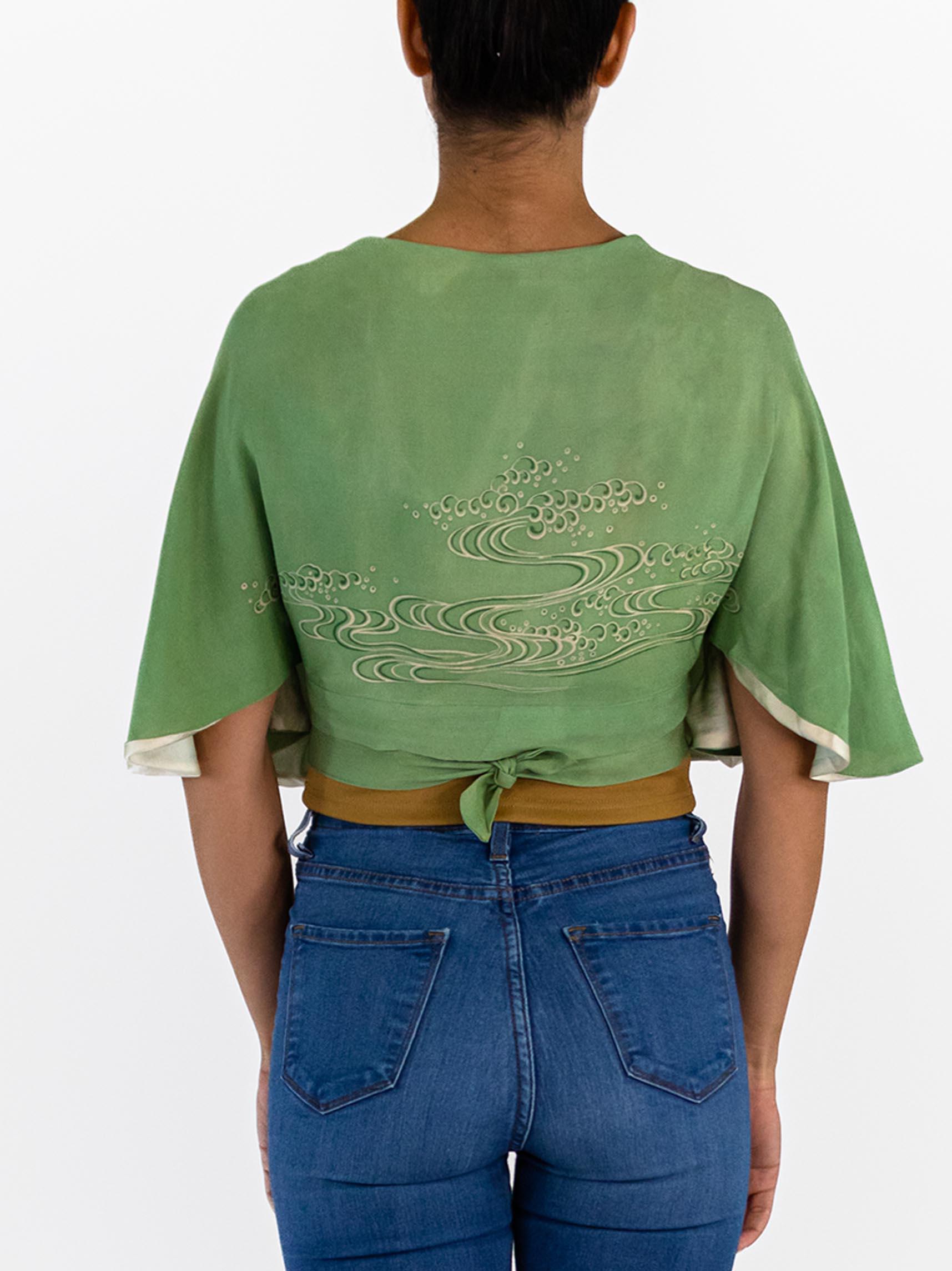 Women's 1940S Jade Green Silk Japanese Wrap Top For Sale