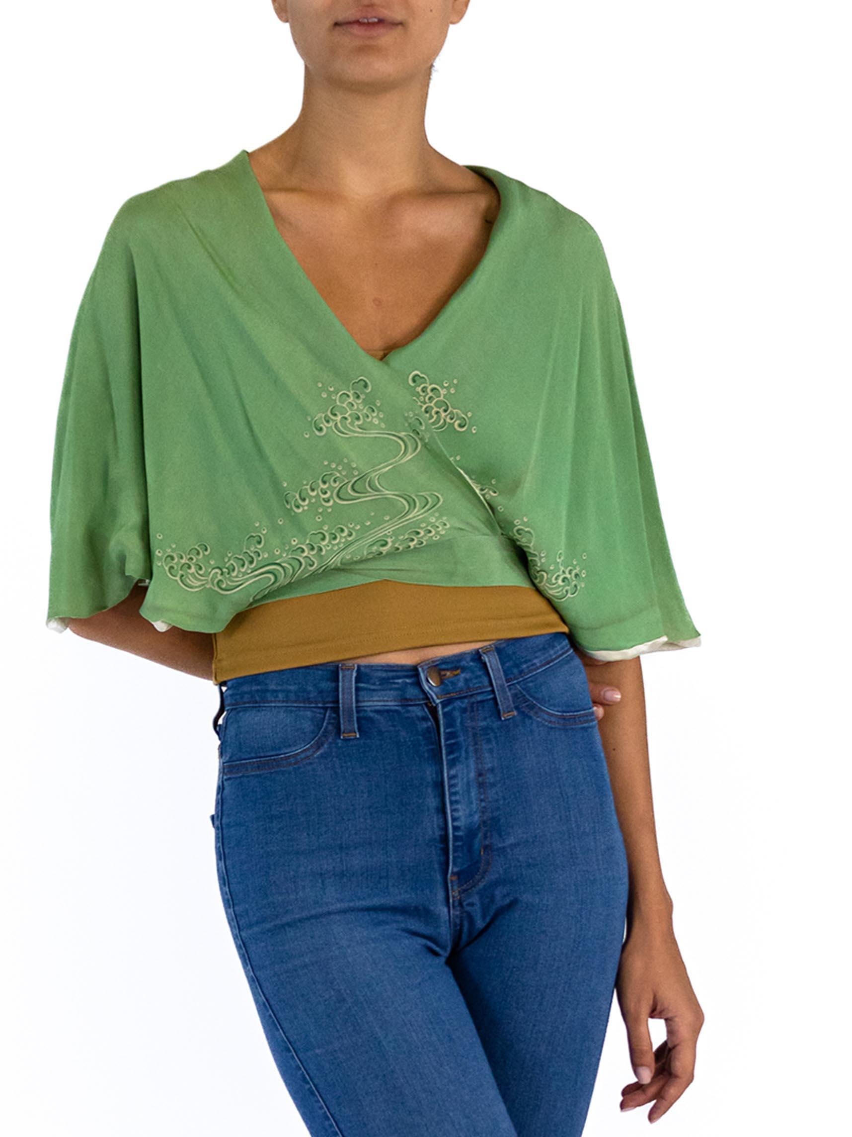 1940S Jade Green Silk Japanese Wrap Top For Sale 2