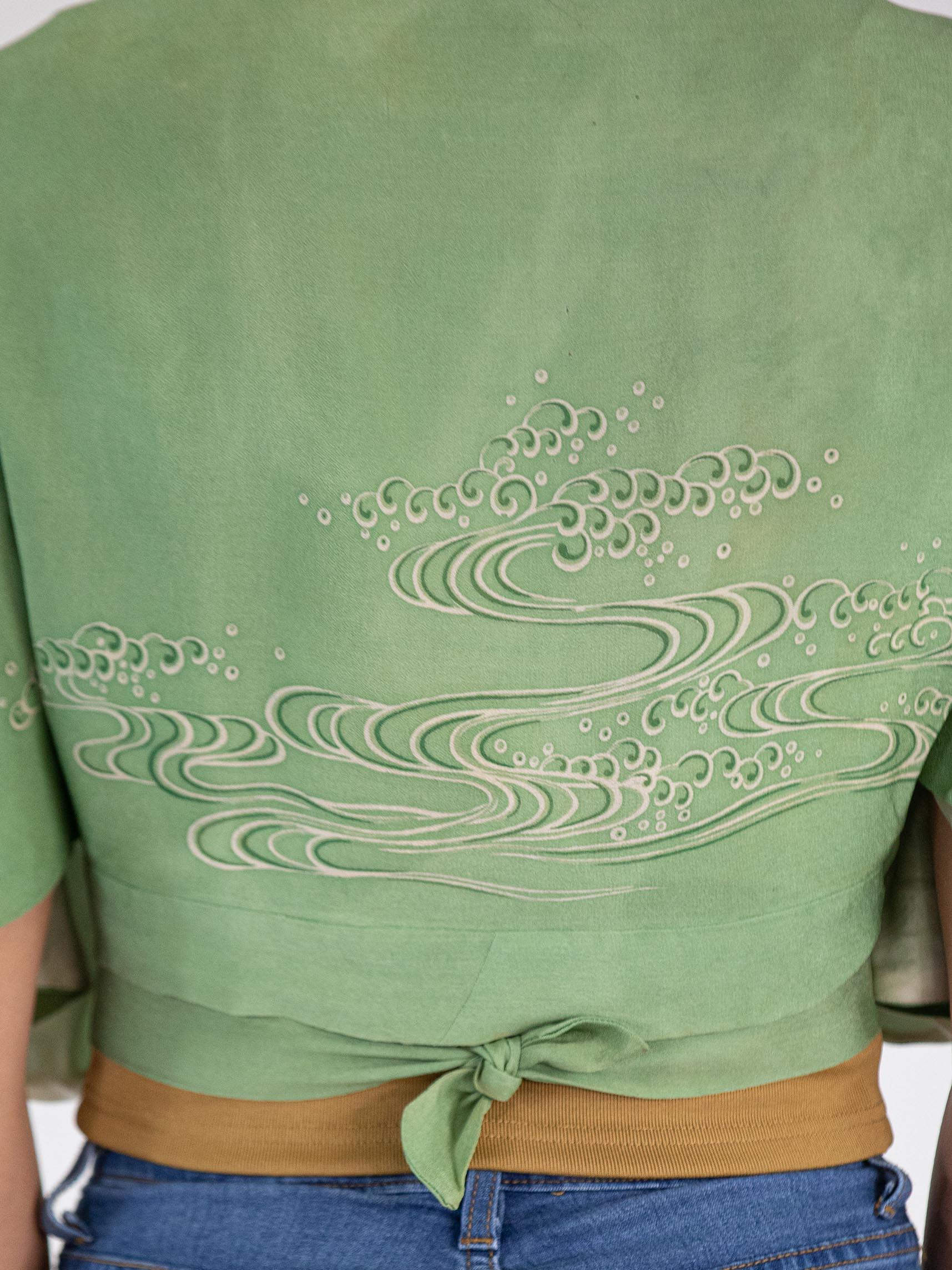 1940S Jade Green Silk Japanese Wrap Top For Sale 3