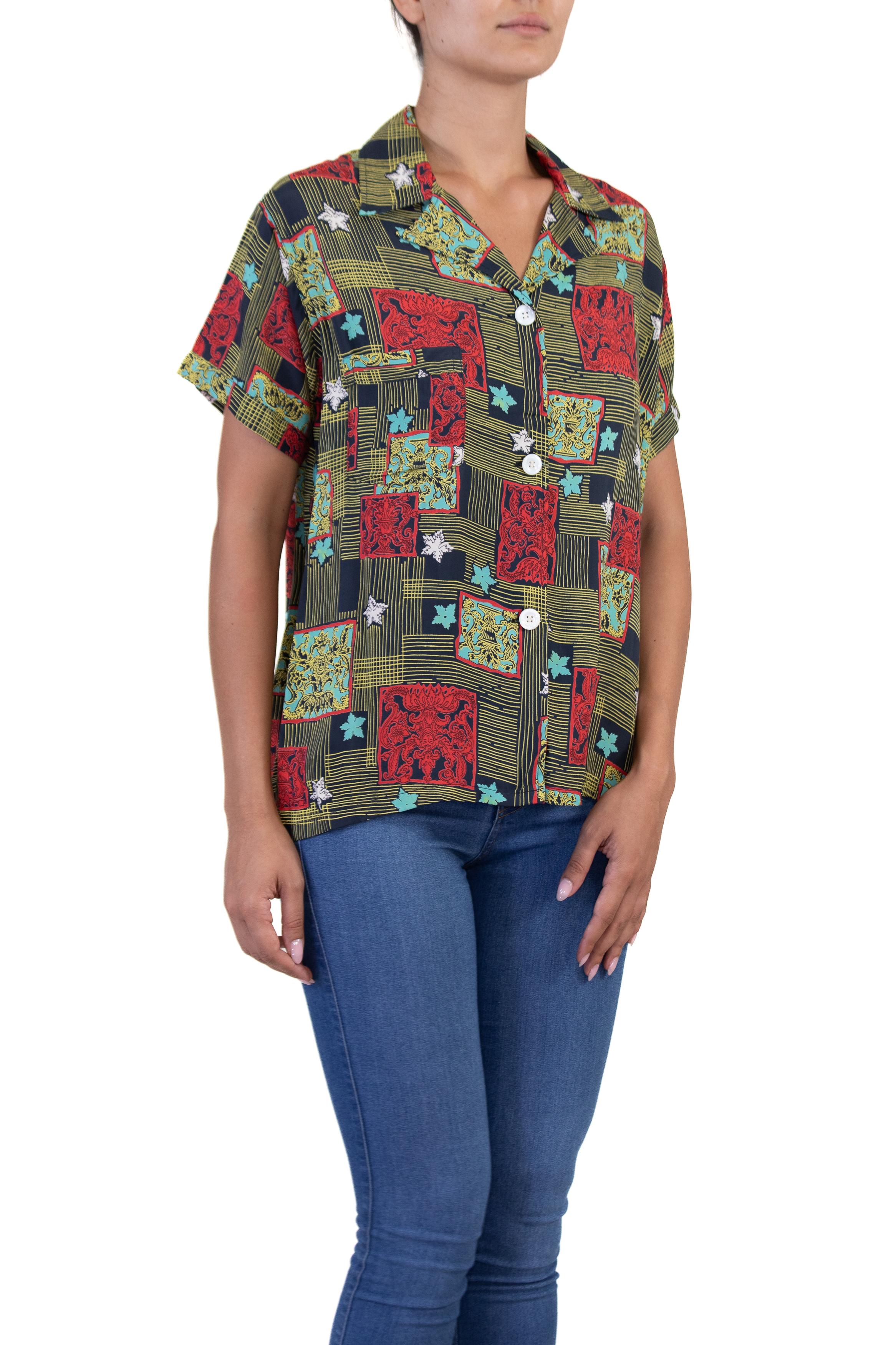 Top a stampa nera a freddo in rayon rosso e giallo degli anni '40 di Jamarettes in vendita 1
