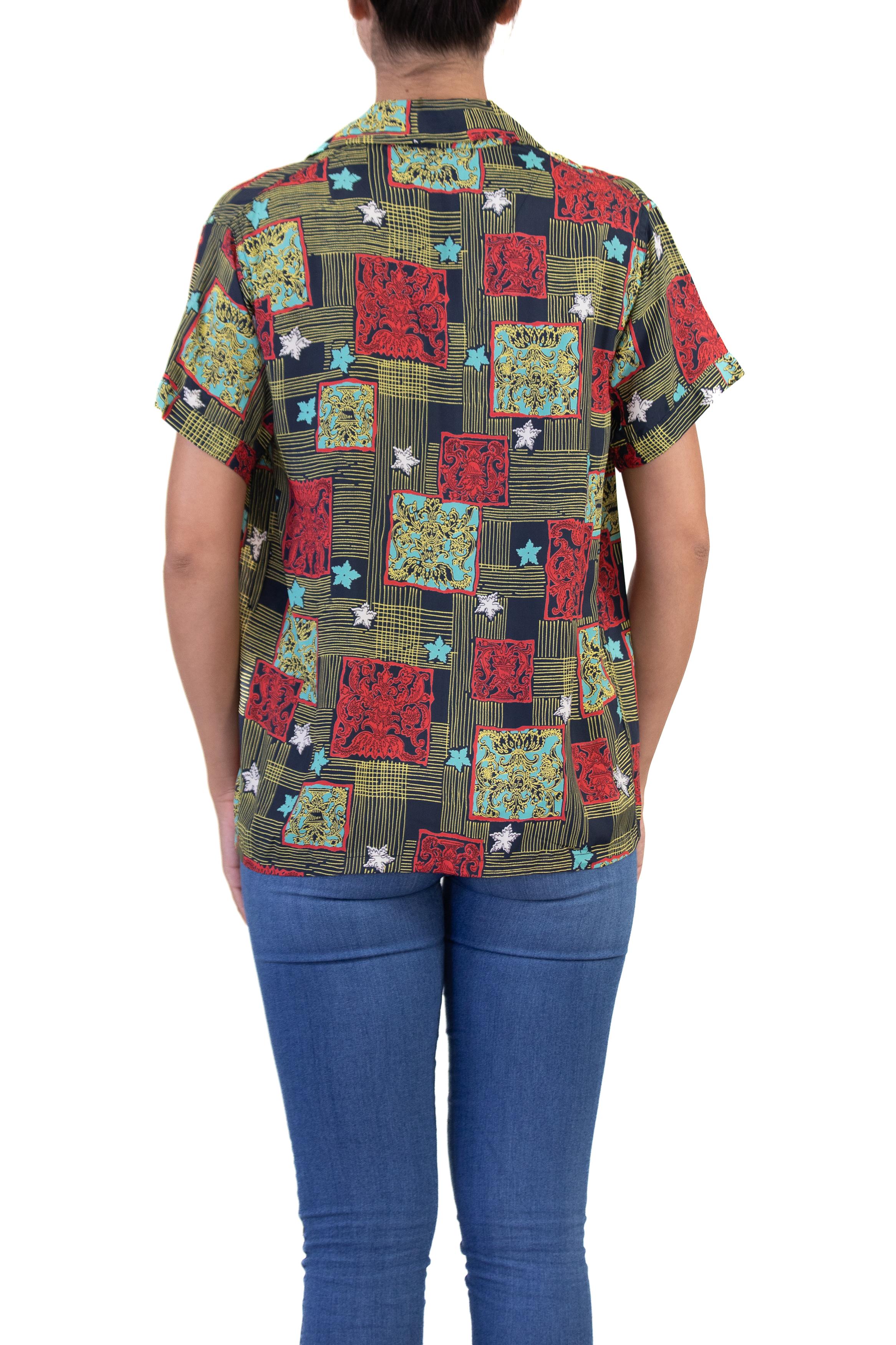 Top a stampa nera a freddo in rayon rosso e giallo degli anni '40 di Jamarettes in vendita 4