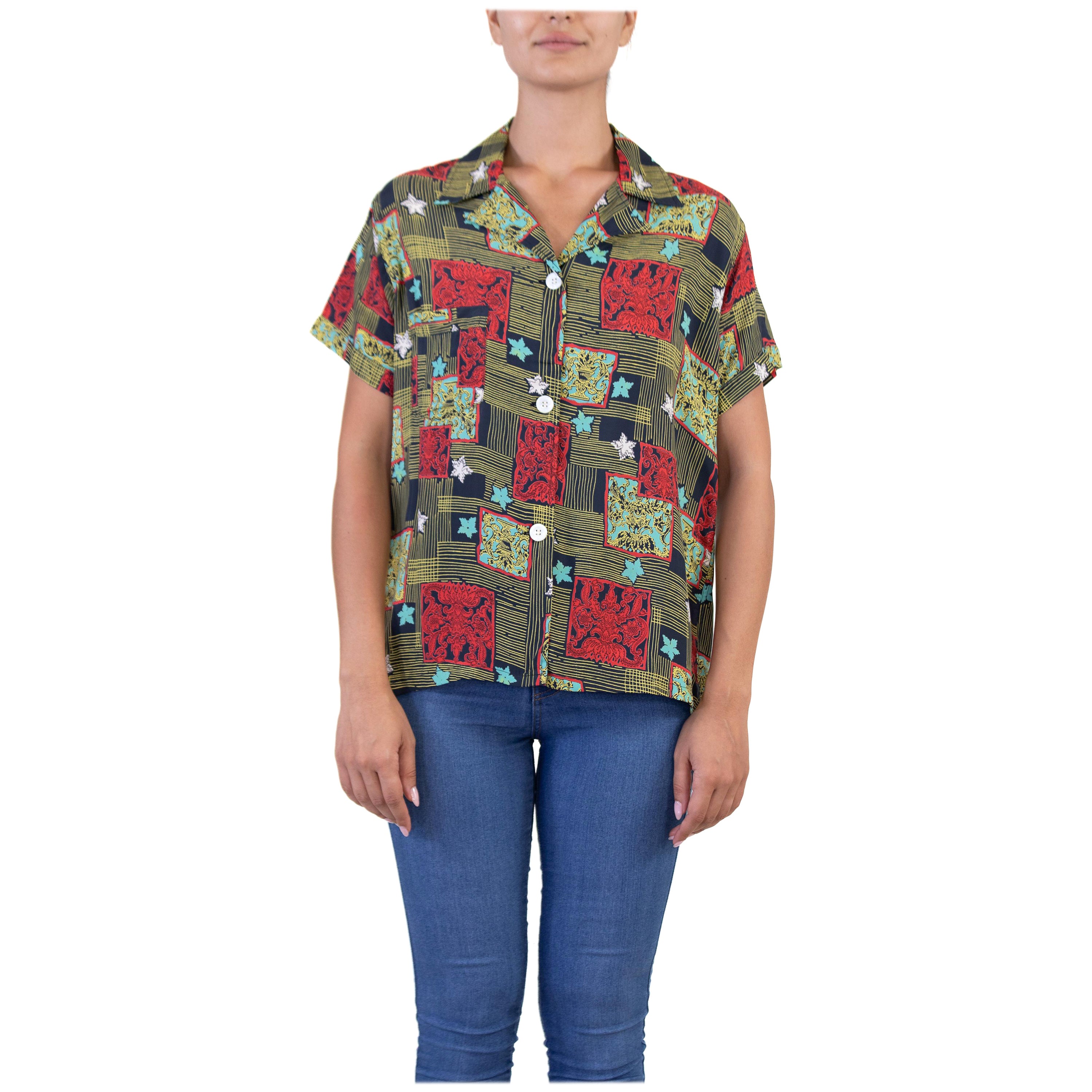 1940S Jamarettes Negro Rayón Frío Estampado Rojo Y Amarillo Top