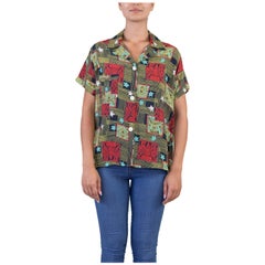 1940S Jamarettes Negro Rayón Frío Estampado Rojo Y Amarillo Top