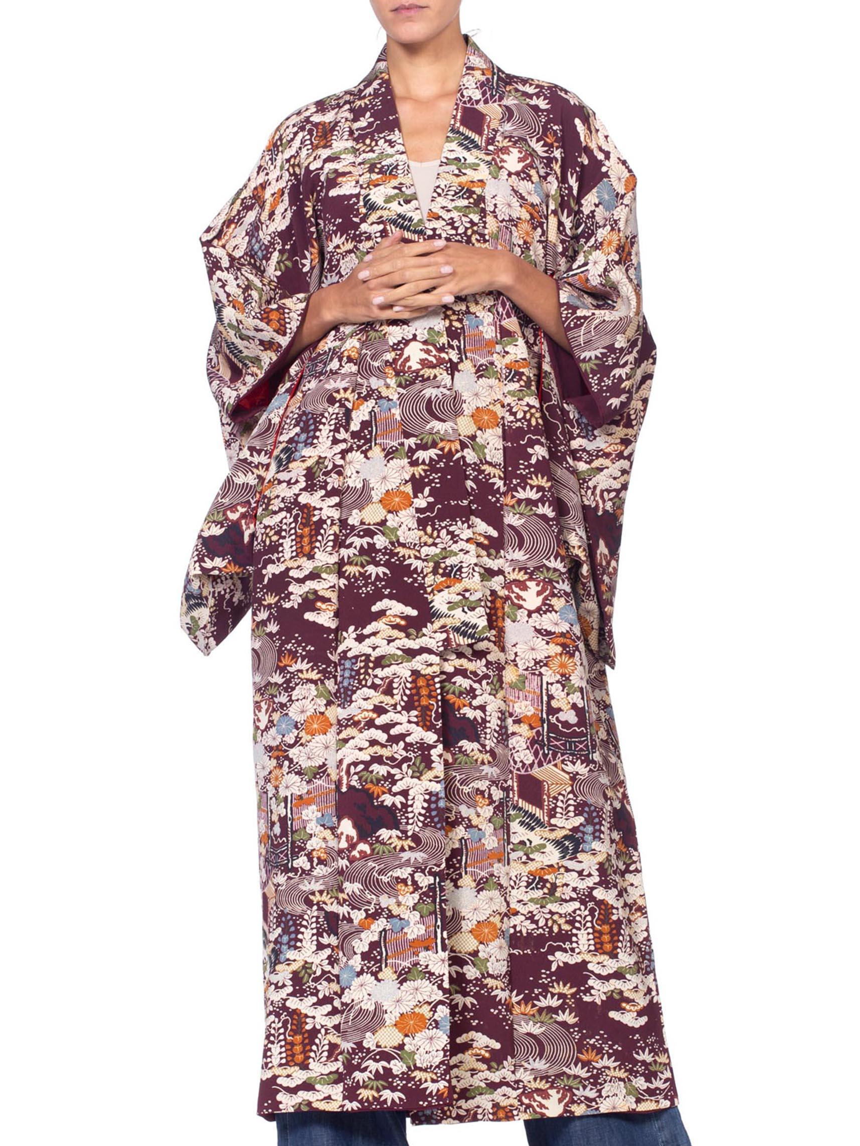 1940'S Seide japanische Batik gedruckt Burgund Blumen  Kimono