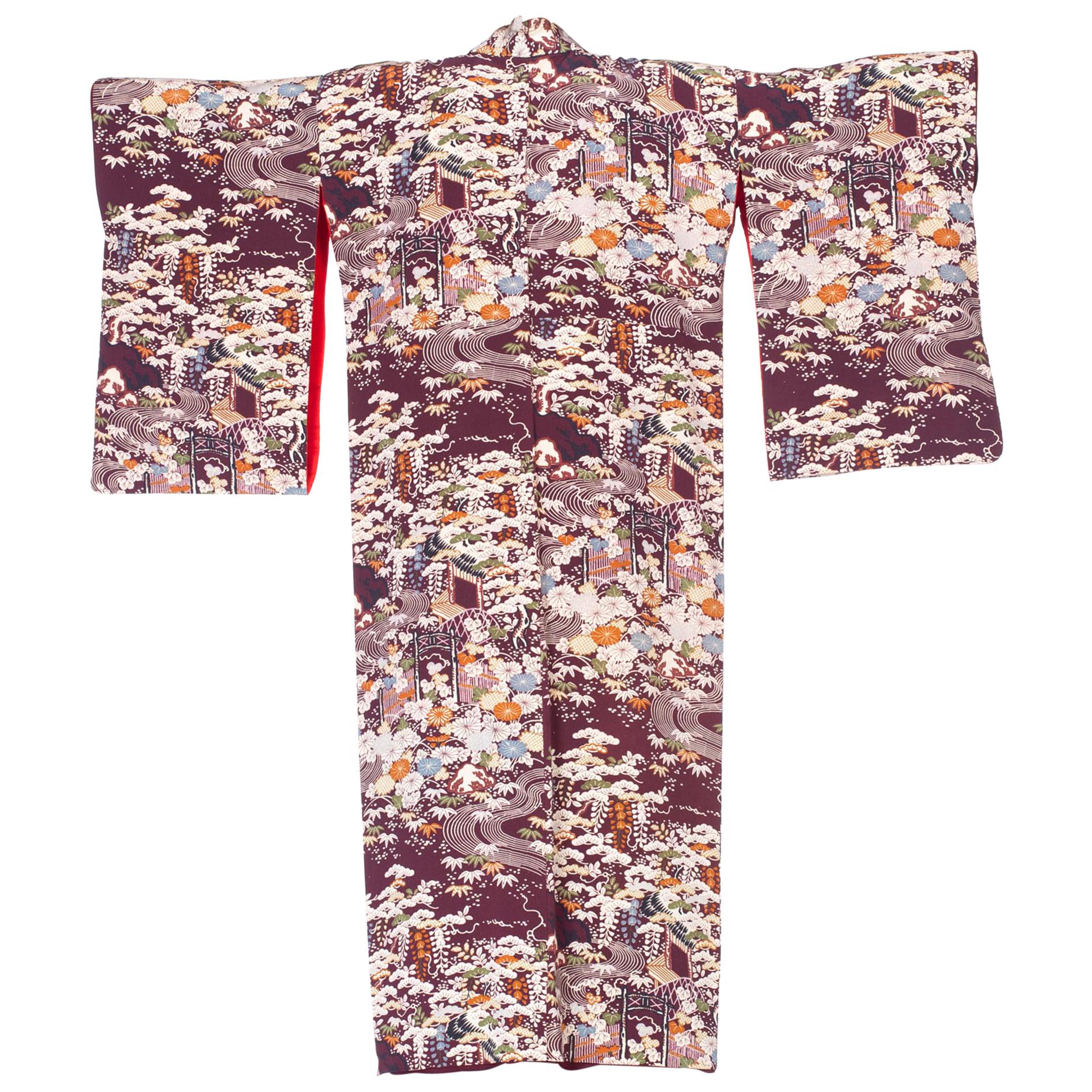 1940'S Silk Japanese Batik Printed Burgundy Floral  Kimono For Sale