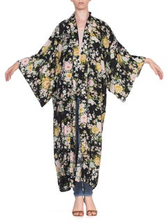 1940's Japanese Floral On Black Rayon Kimono