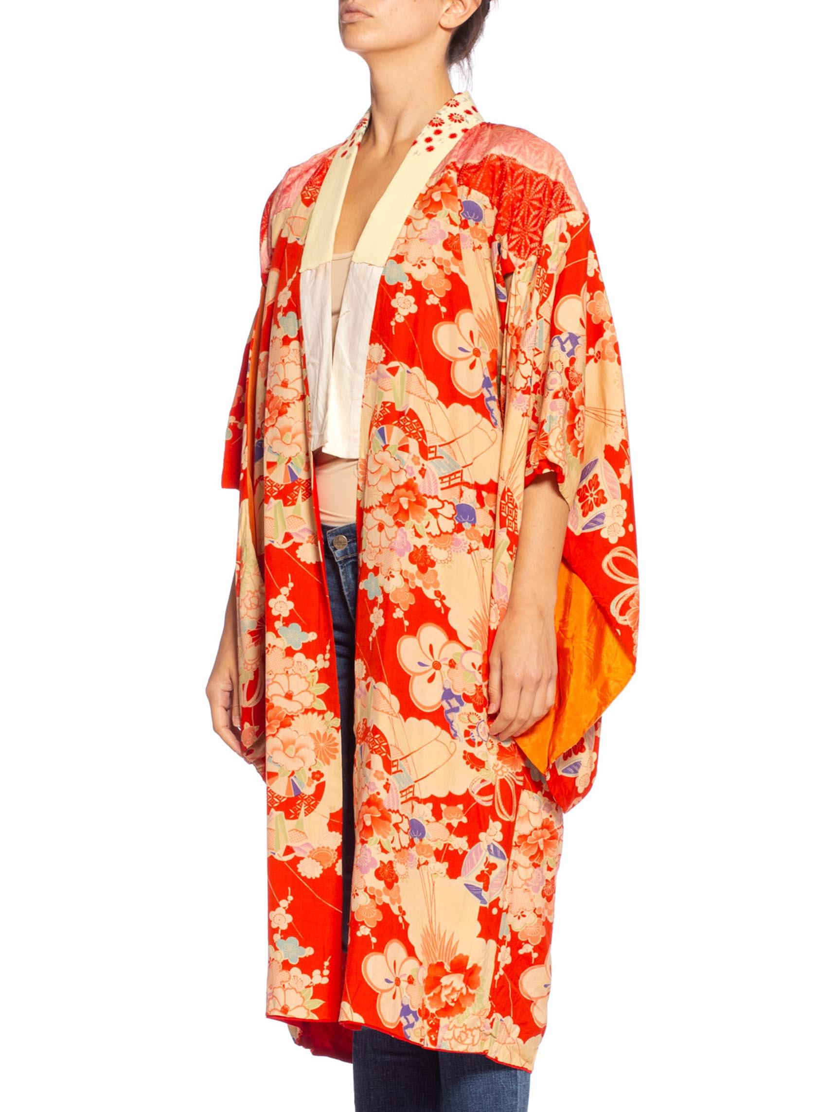 1940er Koralle Rot & Rosa Seide Origami Kranich Druck Kimono mit Handstickerei im Angebot 5