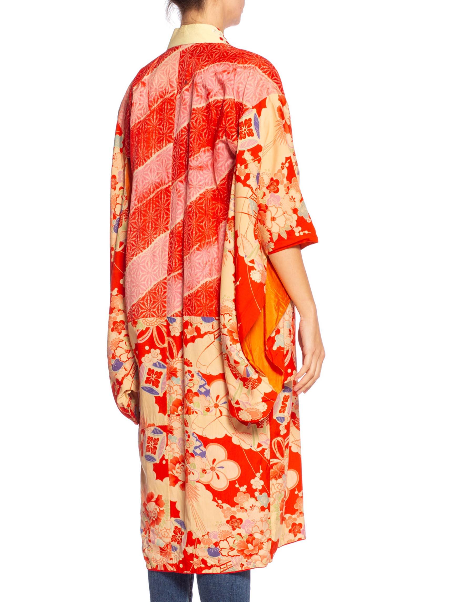 1940er Koralle Rot & Rosa Seide Origami Kranich Druck Kimono mit Handstickerei im Angebot 2