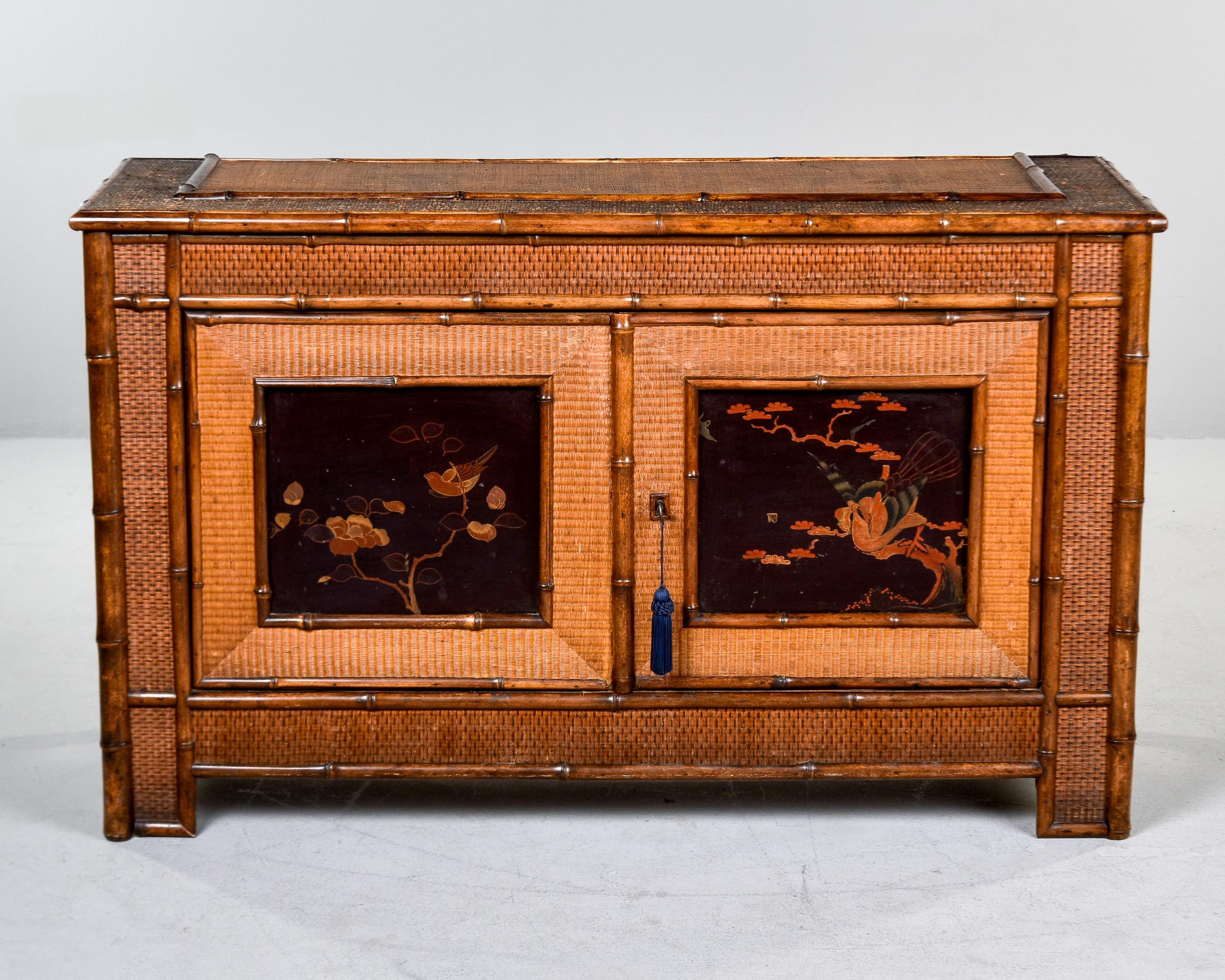 Anglo-Japanese 1940s Japanese Style Bamboo Cabinet with Painted Panels For Sale