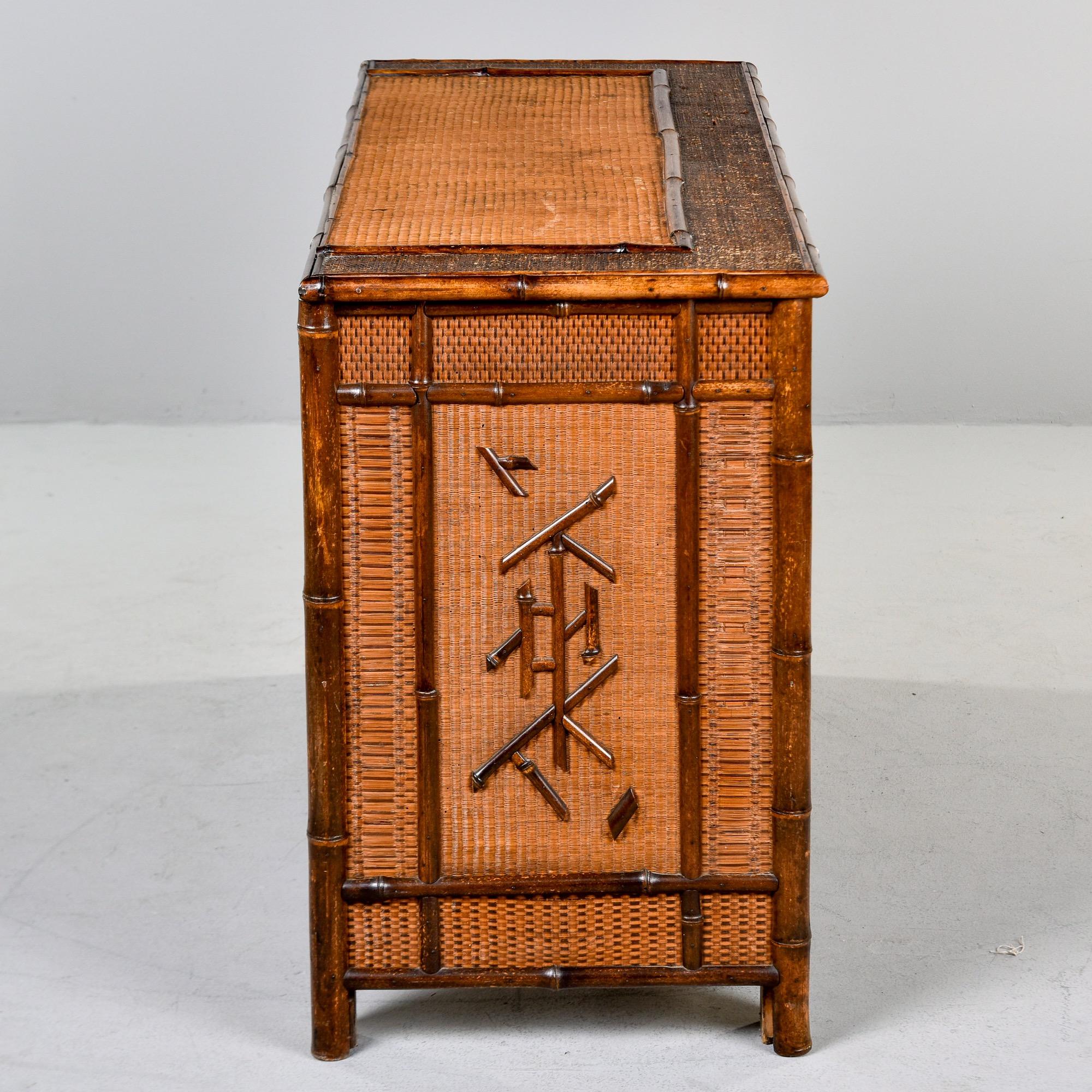 Grasscloth 1940s Japanese Style Bamboo Cabinet with Painted Panels For Sale