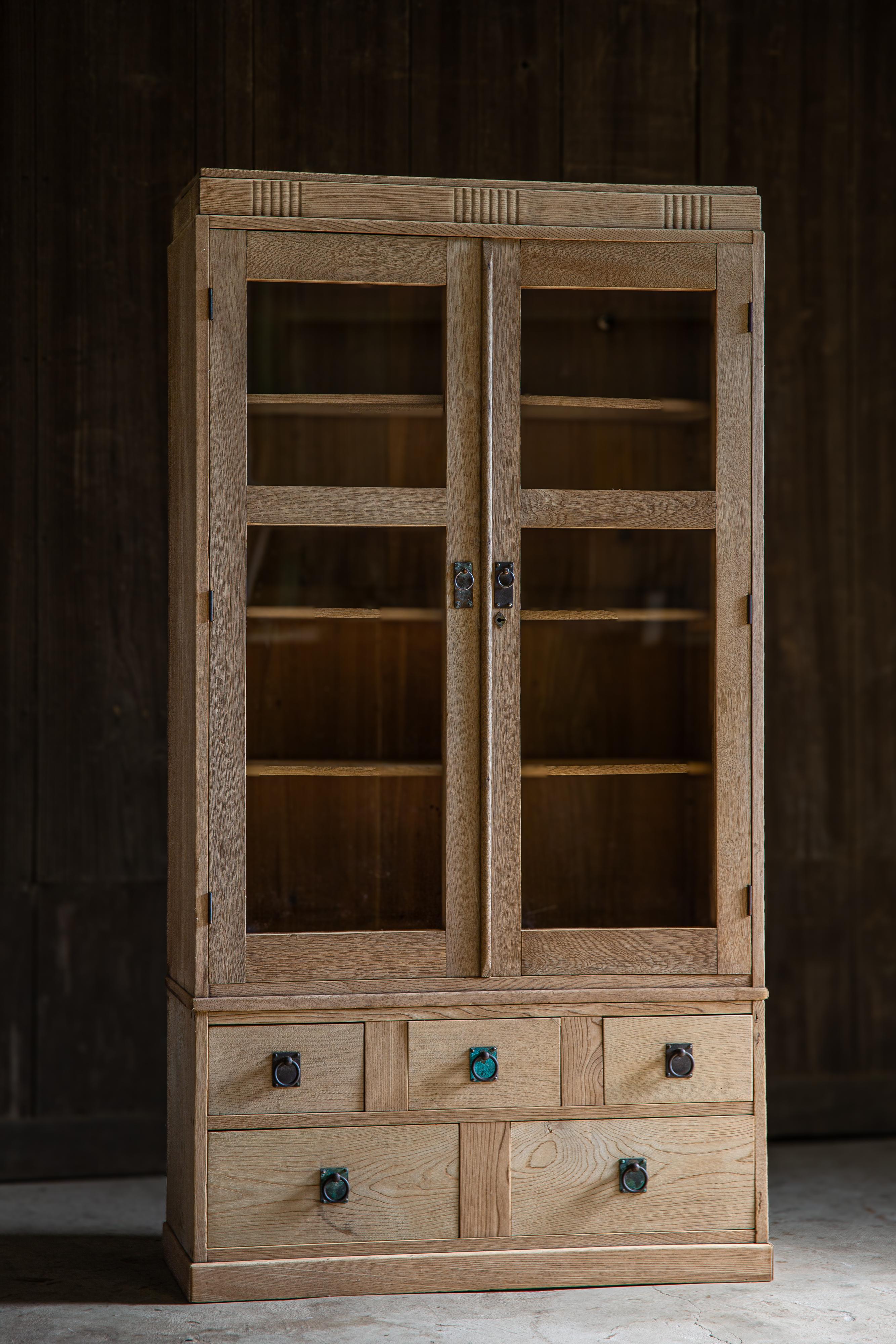 1940s Japanese vintage glass cabinet w/drawers, bookcase wabi sabi organic en vente