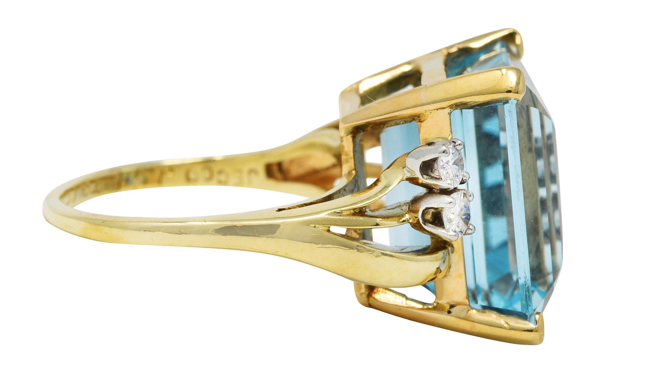 Emerald Cut 1940's J.E. Caldwell Retro 10.15 Aquamarine Diamond 14 Karat Two-Tone Ring