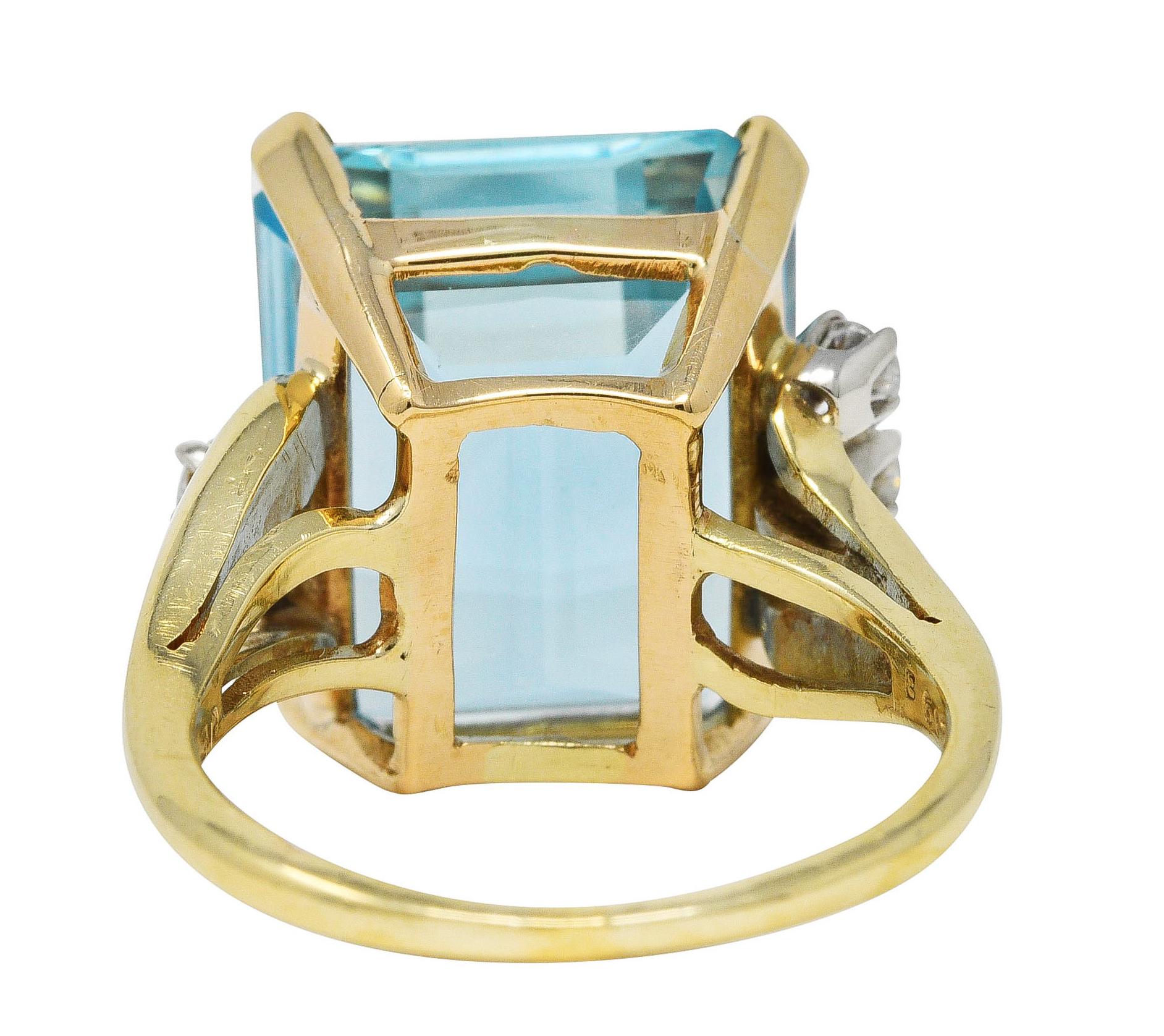 1940's J.E. Caldwell Retro 10.15 Aquamarine Diamond 14 Karat Two-Tone Ring In Excellent Condition In Philadelphia, PA