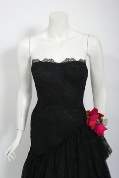 Vintage 1940's Jeanne Lanvin Haute Couture Black Lace Strapless Asymmetric Gown
