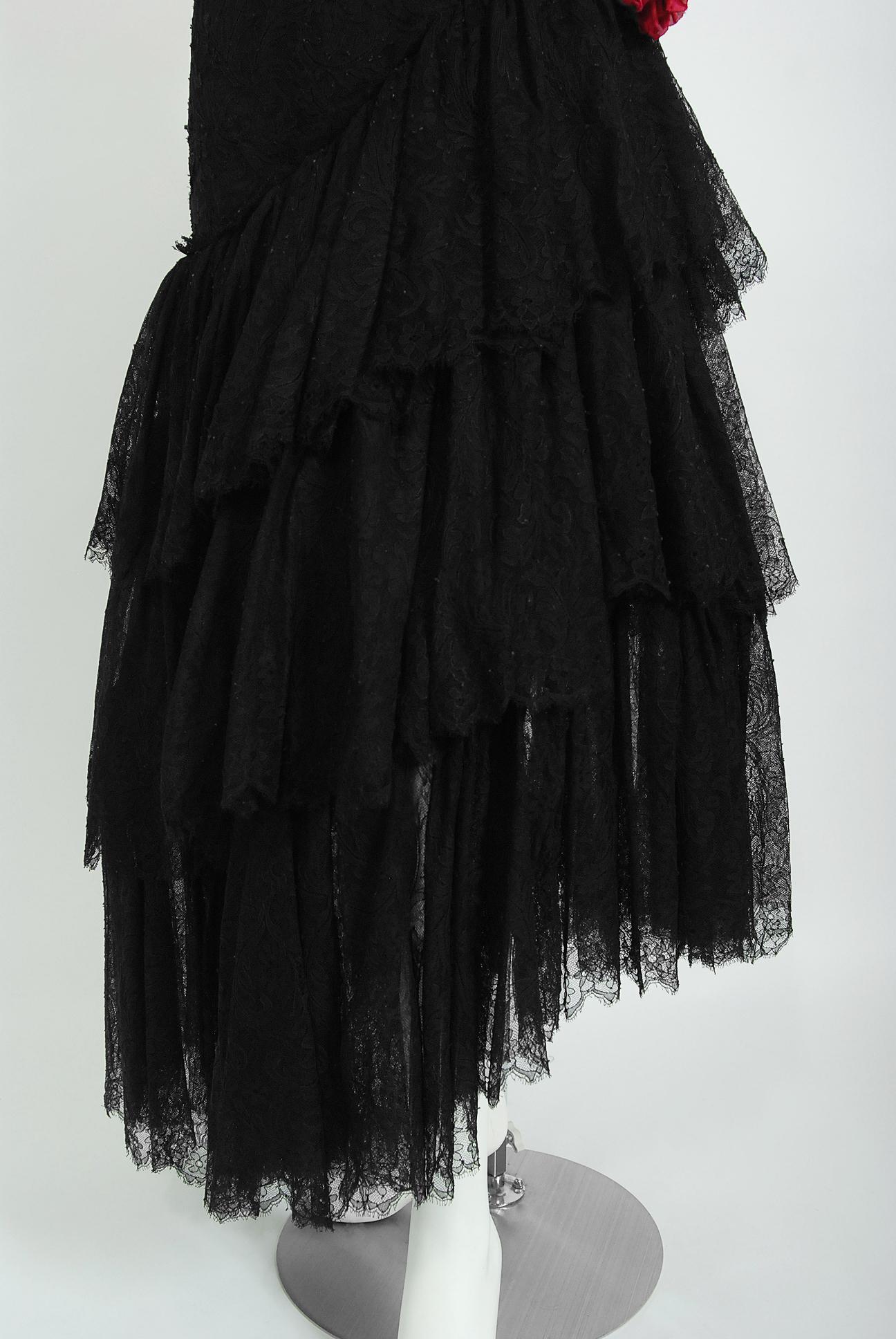 Vintage 1940's Jeanne Lanvin Haute Couture Black Lace Strapless Asymmetric Gown In Good Condition In Beverly Hills, CA