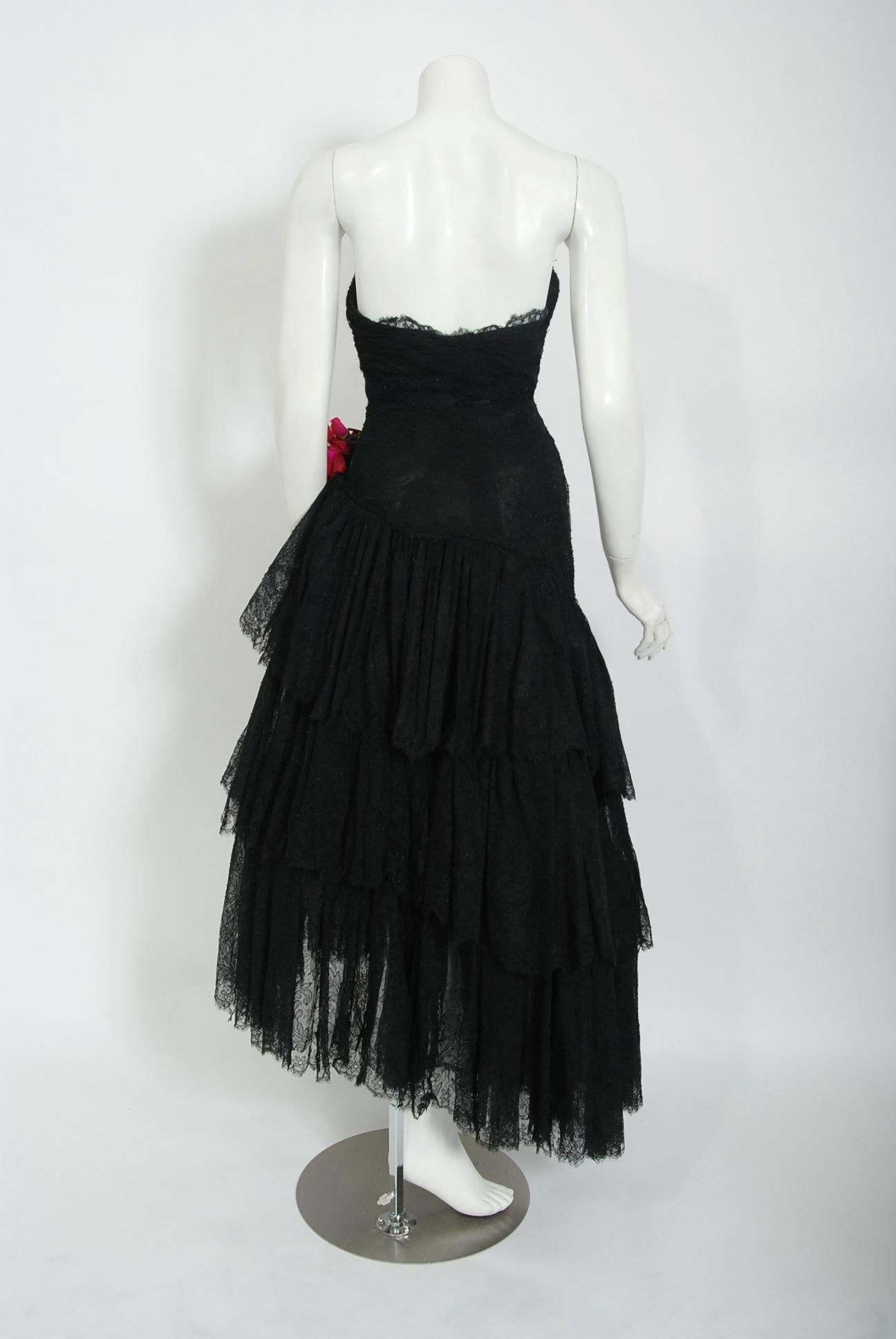 Vintage 1940's Jeanne Lanvin Haute Couture Black Lace Strapless Asymmetric Gown 2