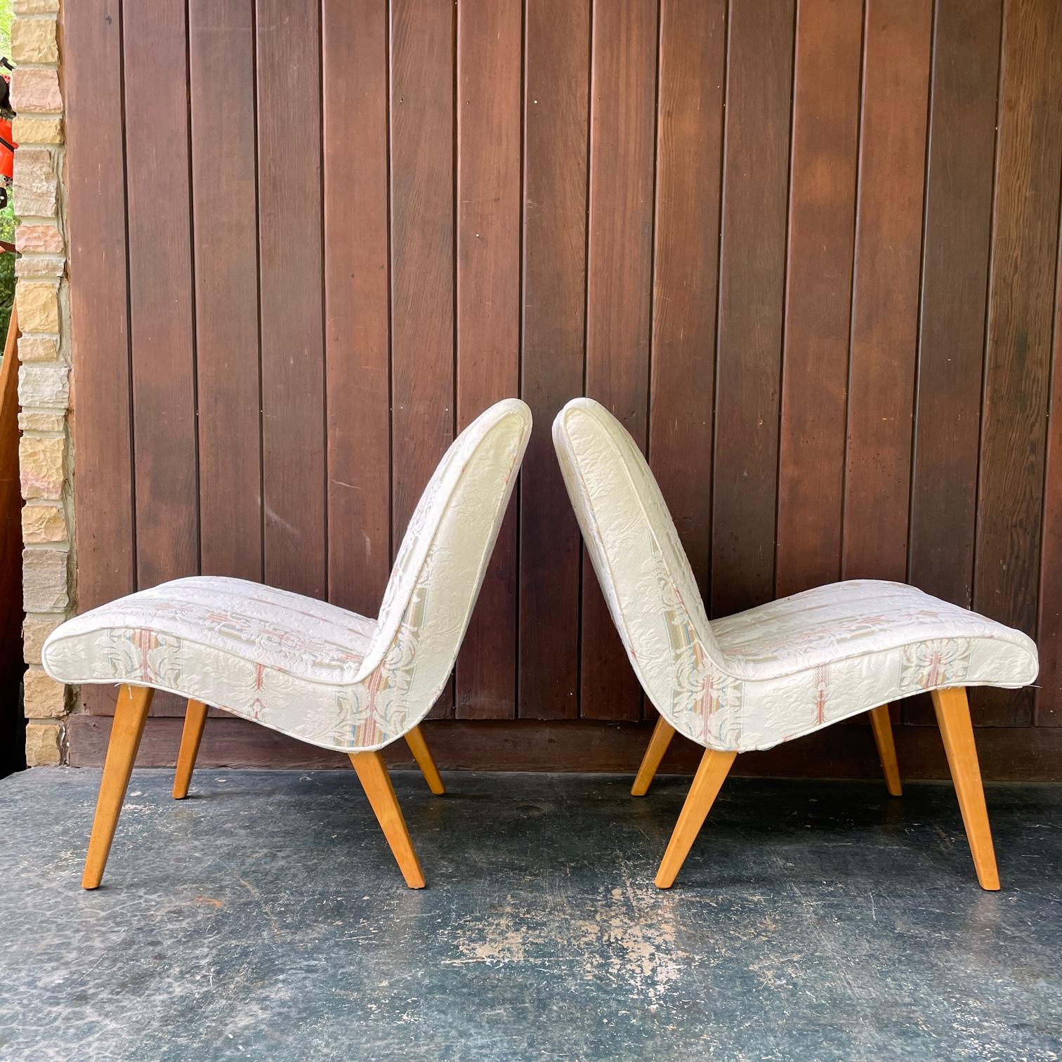 Mid-Century Modern 1940s Jens Risom Knoll Pair Upholstered Slipper Lounge Chairs Midcentury For Sale
