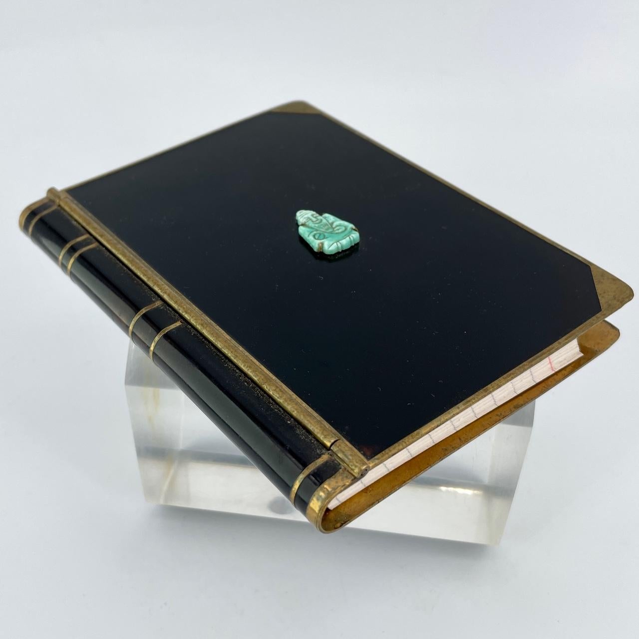 Purse note pad book, cinches paper in binding, works well with index cards, as shown. Carved Green Stone possibly Jade of a Confucius Asian Man with Long Beard.