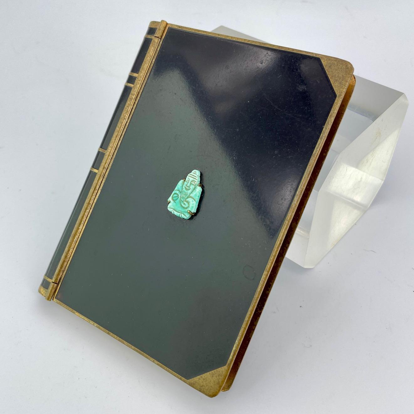 Art Deco 1940s Jeweled Enameled Brass Daybook Phonebook Note Pad with Stone Buddah For Sale