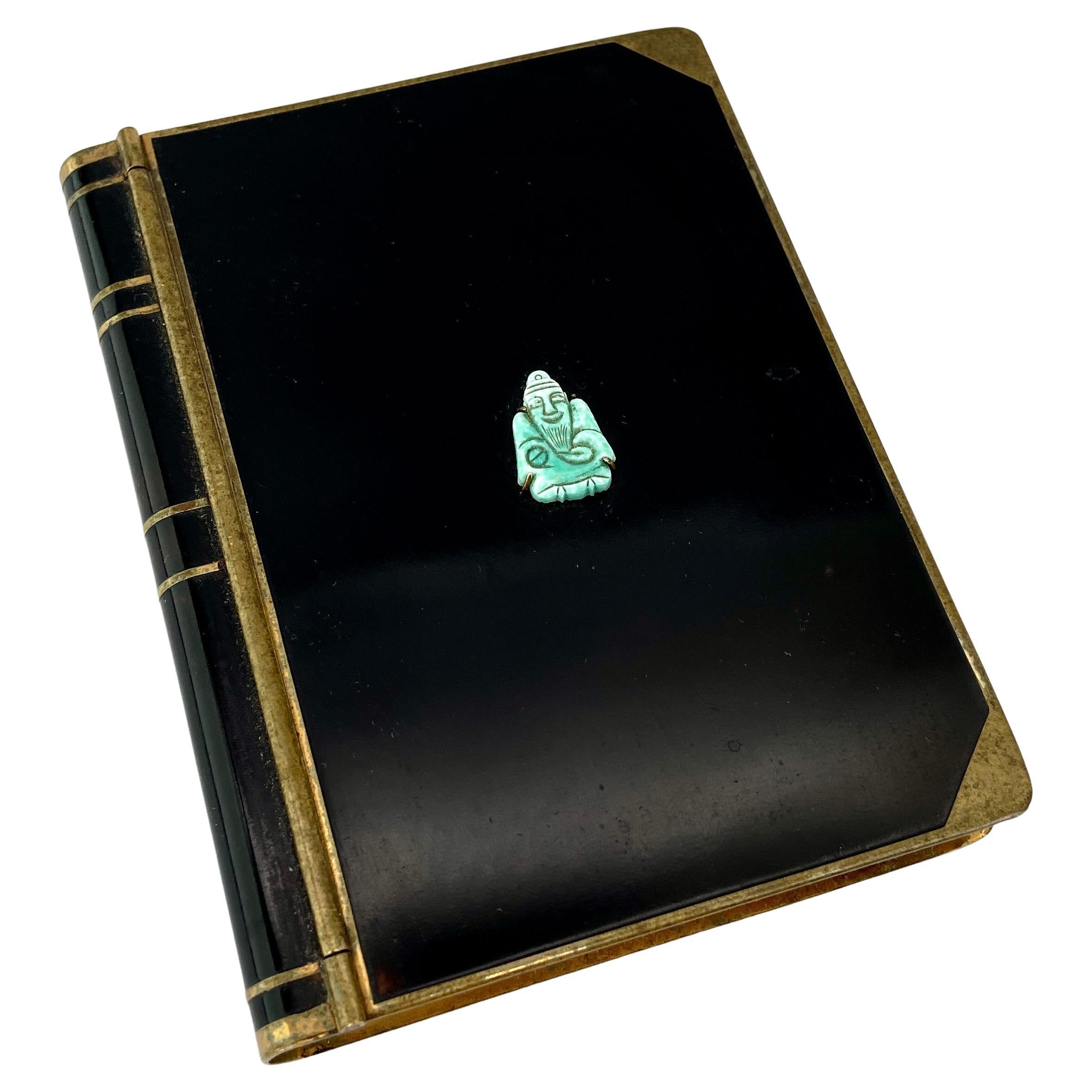 1940s Jeweled Enameled Brass Daybook Phonebook Note Pad with Stone Buddah