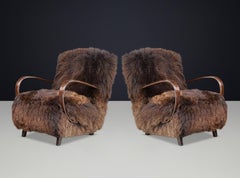 1940s Jindřich Halabala Lounge Chairs in Dark Dutch Sheepskin, Sculptural