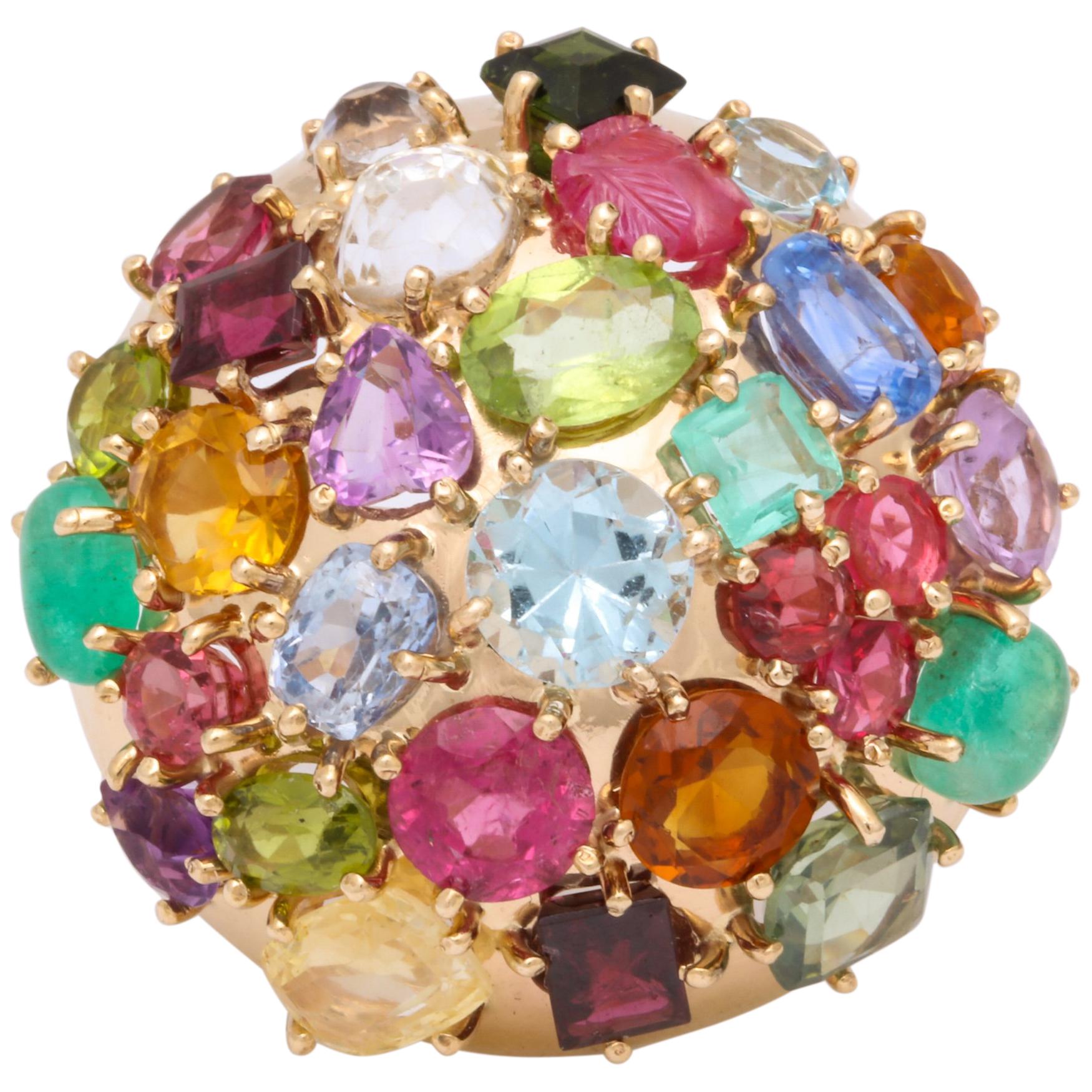 1940s Jumbo Multicolored Stones Satellite Bombe Gold Cocktail Ring For Sale