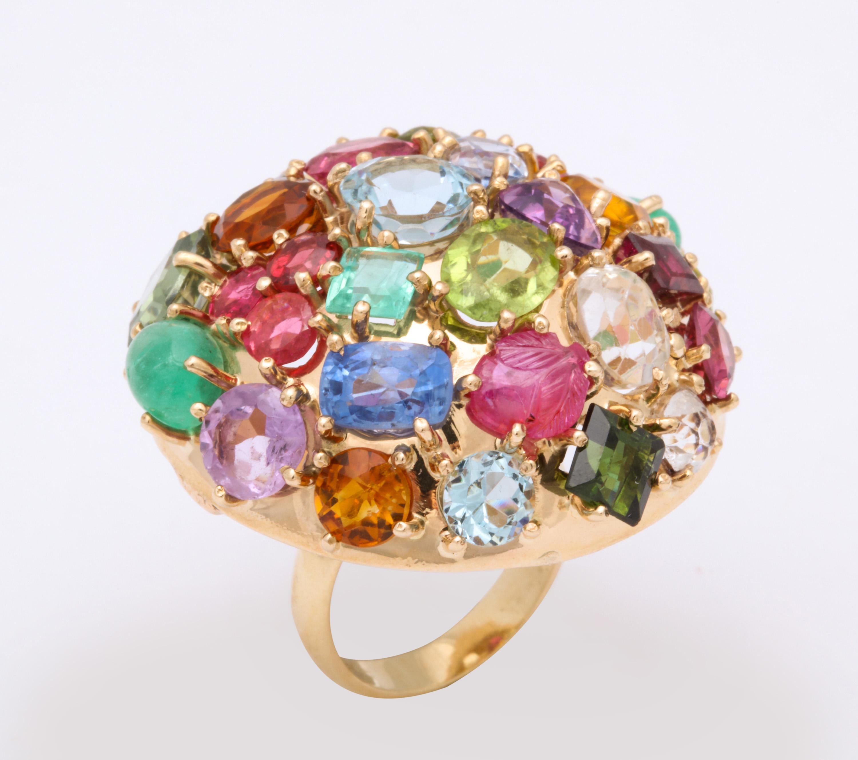 1940s Jumbo Multicolored Stones Satellite Bombe Gold Cocktail Ring For Sale 7
