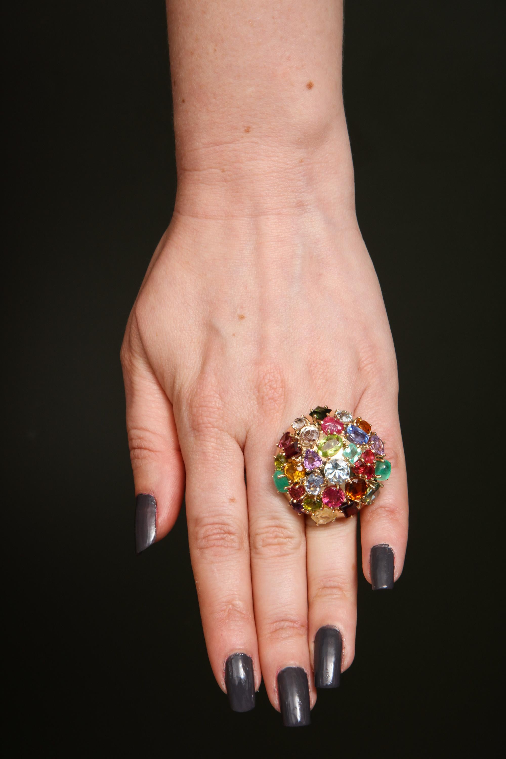 1940s Jumbo Multicolored Stones Satellite Bombe Gold Cocktail Ring For Sale 8