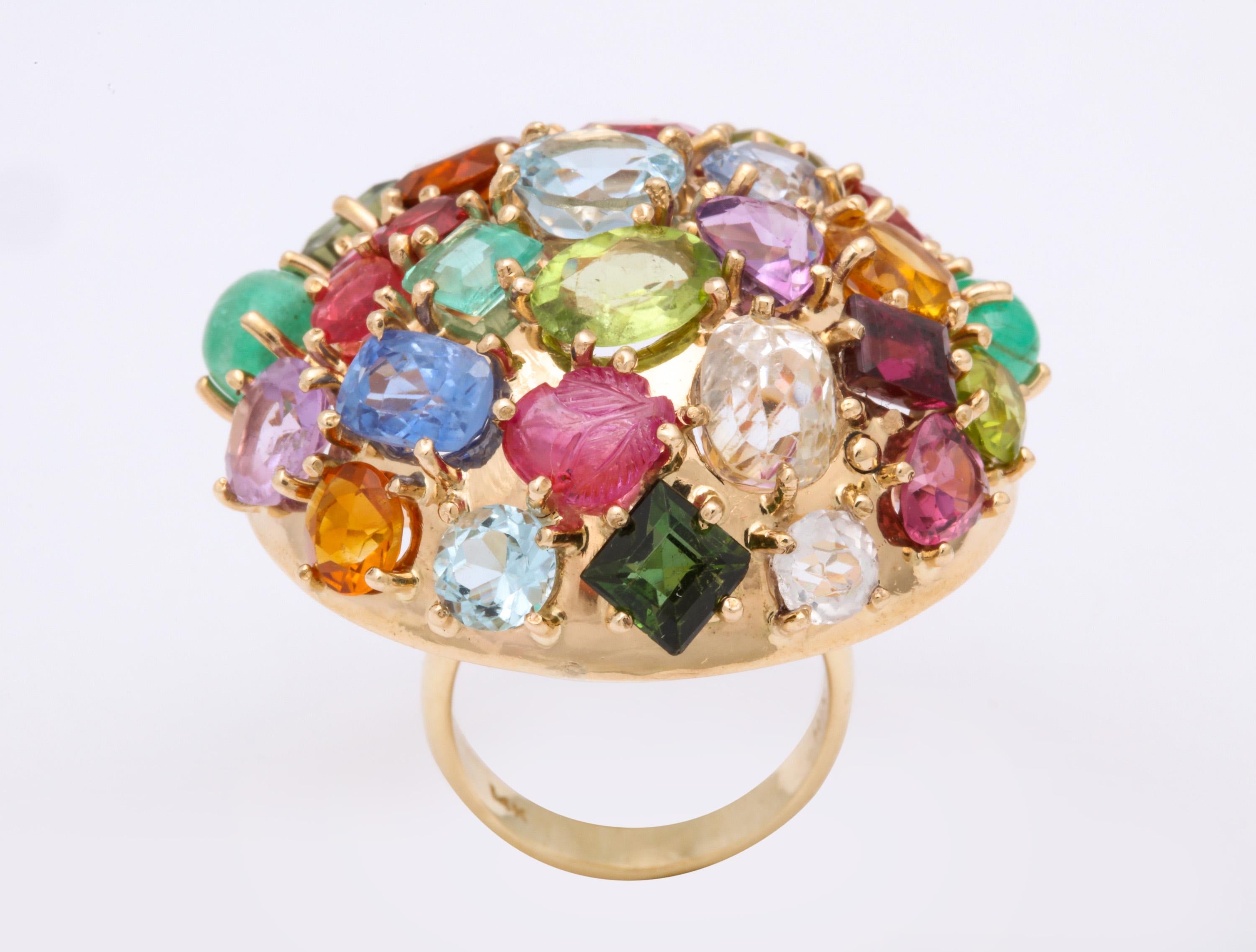 Round Cut 1940s Jumbo Multicolored Stones Satellite Bombe Gold Cocktail Ring For Sale