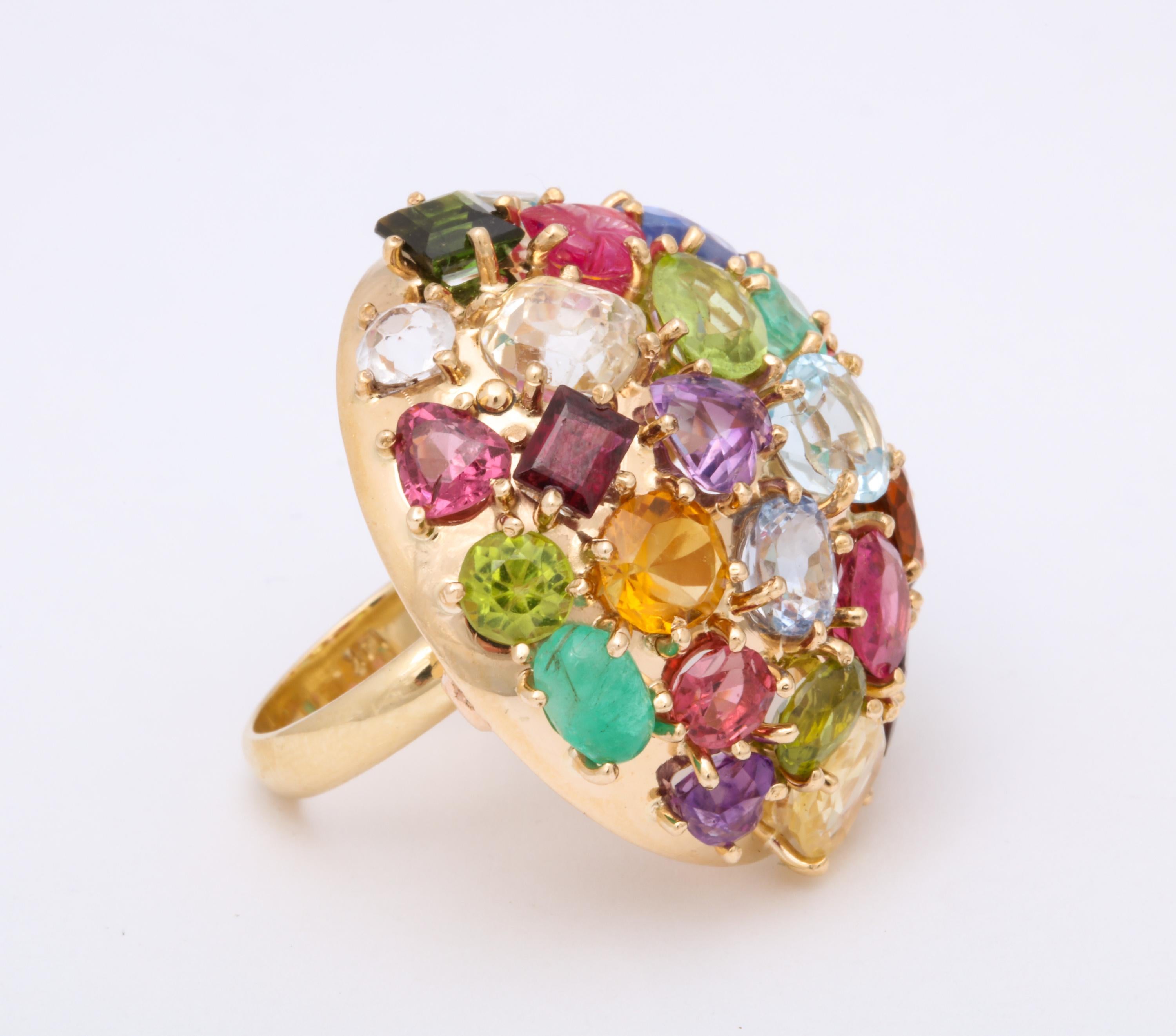 Women's 1940s Jumbo Multicolored Stones Satellite Bombe Gold Cocktail Ring For Sale