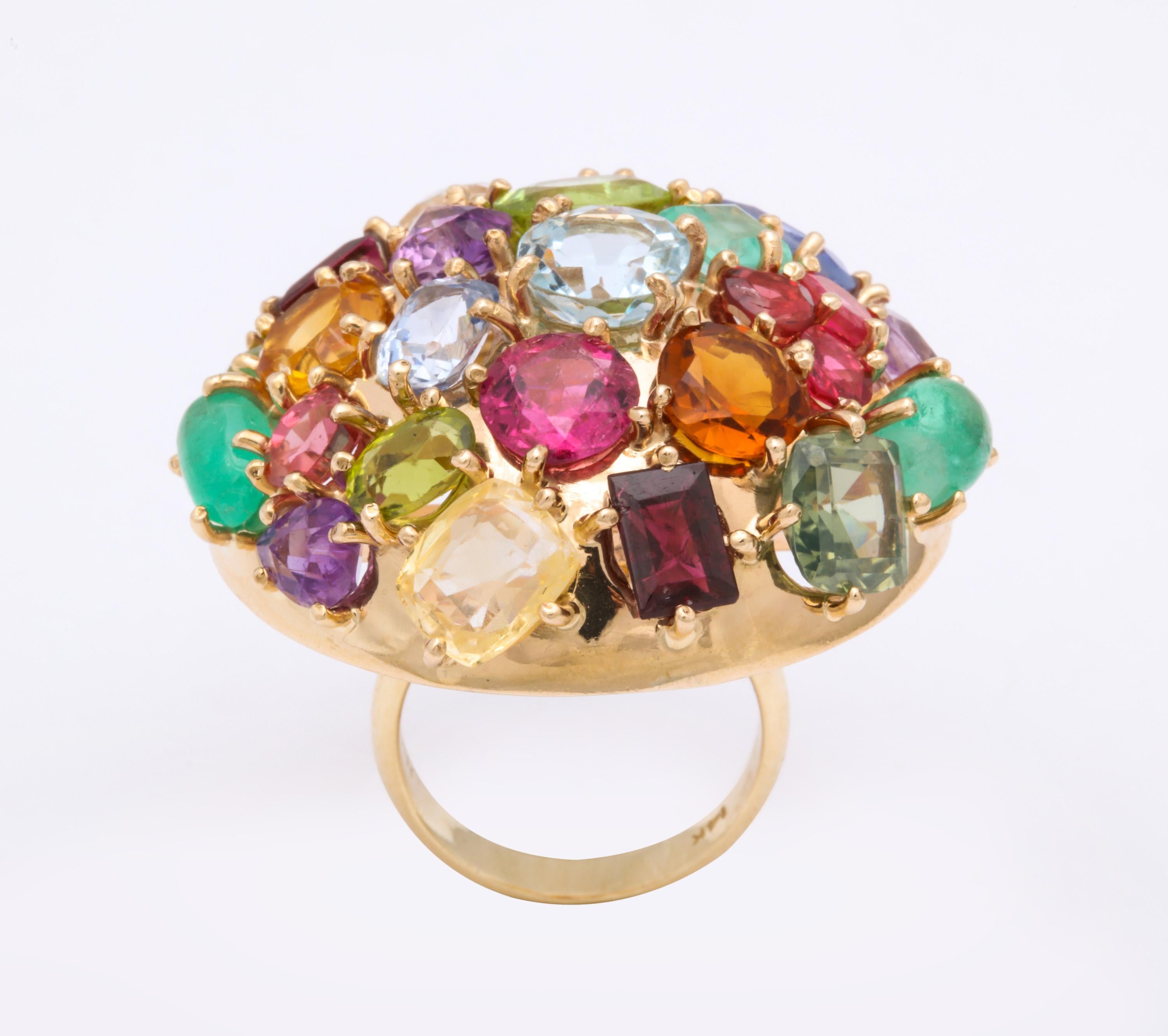 1940s Jumbo Multicolored Stones Satellite Bombe Gold Cocktail Ring For Sale 5
