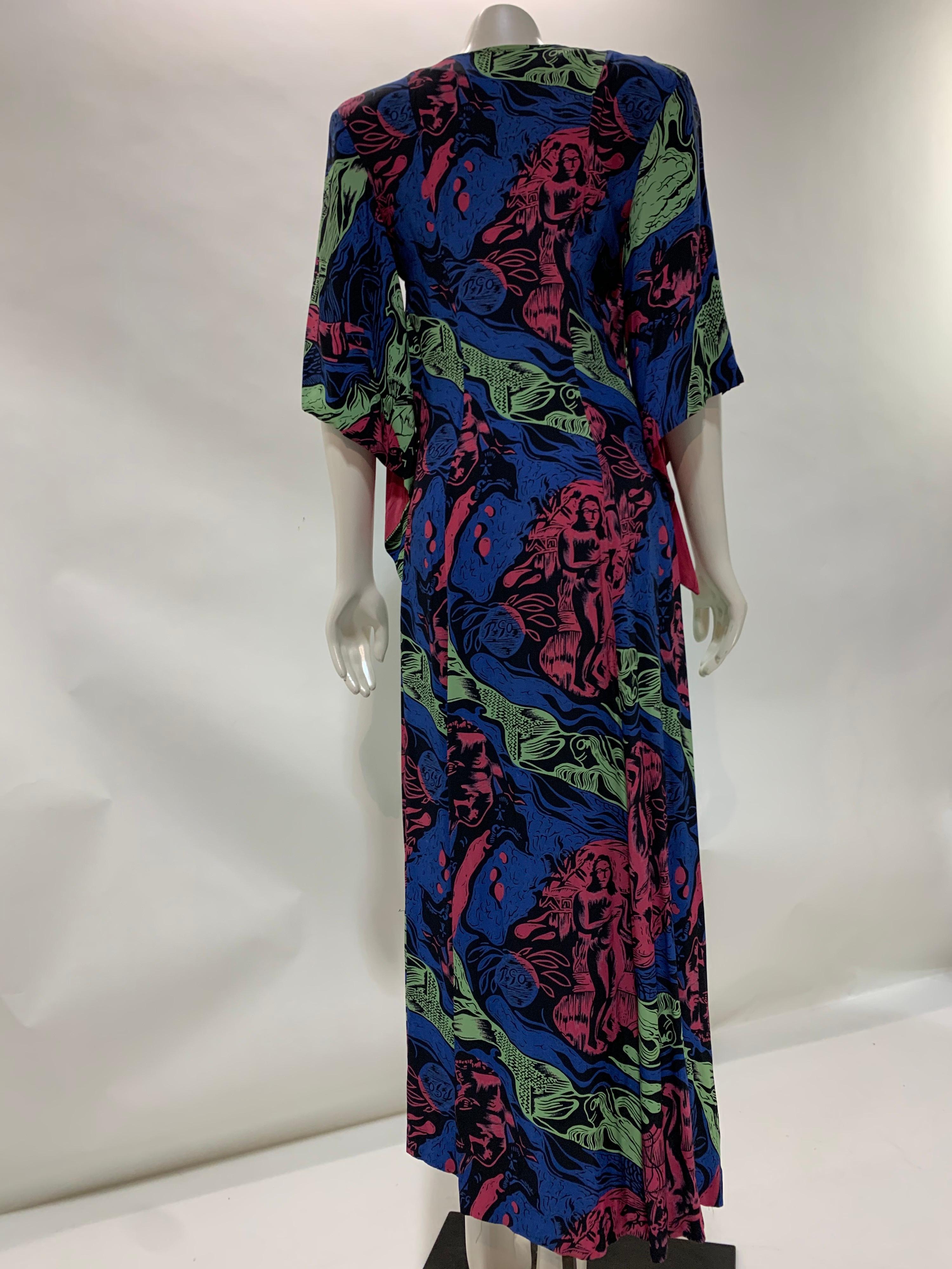 1940s Kamehameha Graphic Figural Print Rayon Dress in Polynesian Style For Sale 3