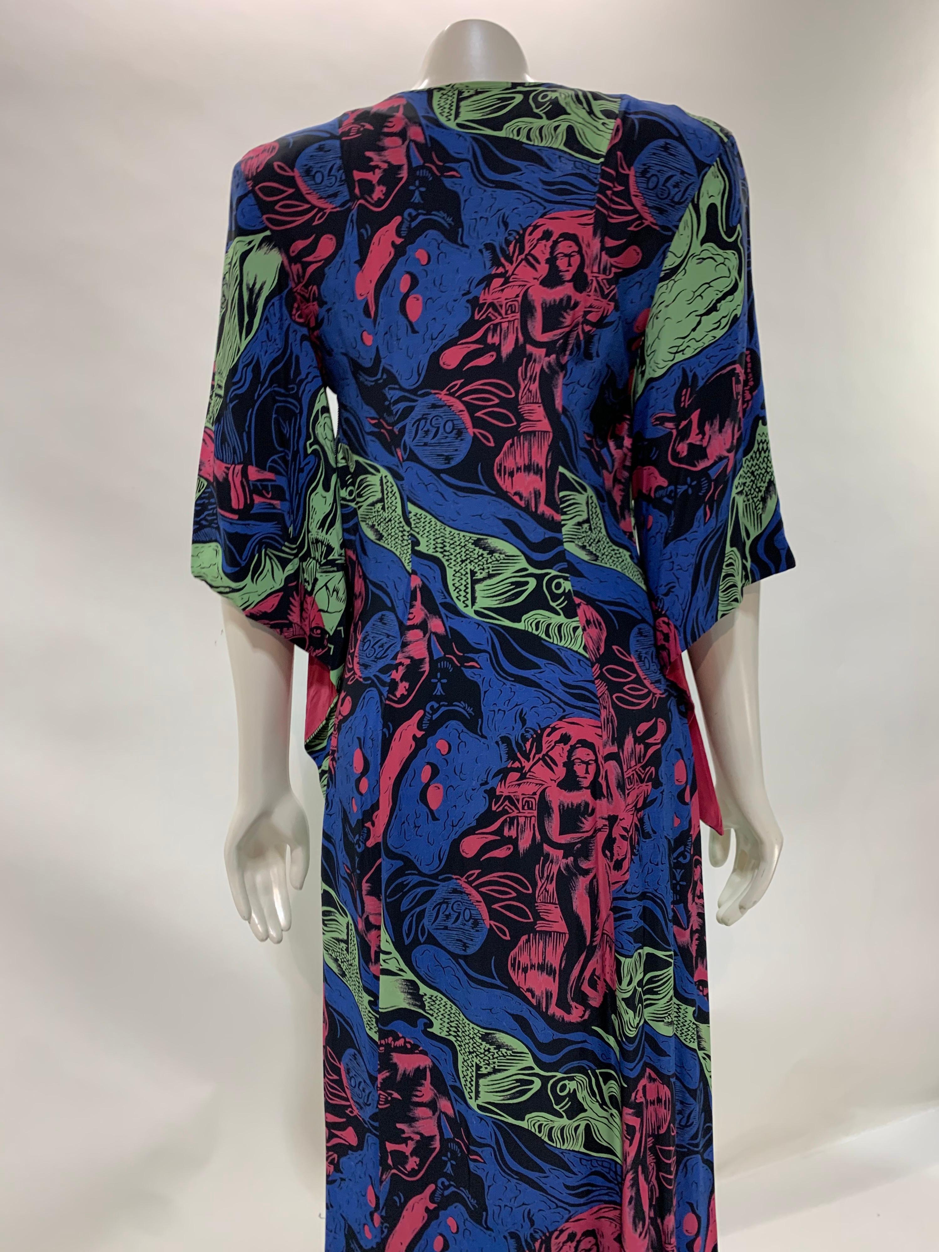 1940s Kamehameha Graphic Figural Print Rayon Dress in Polynesian Style For Sale 4
