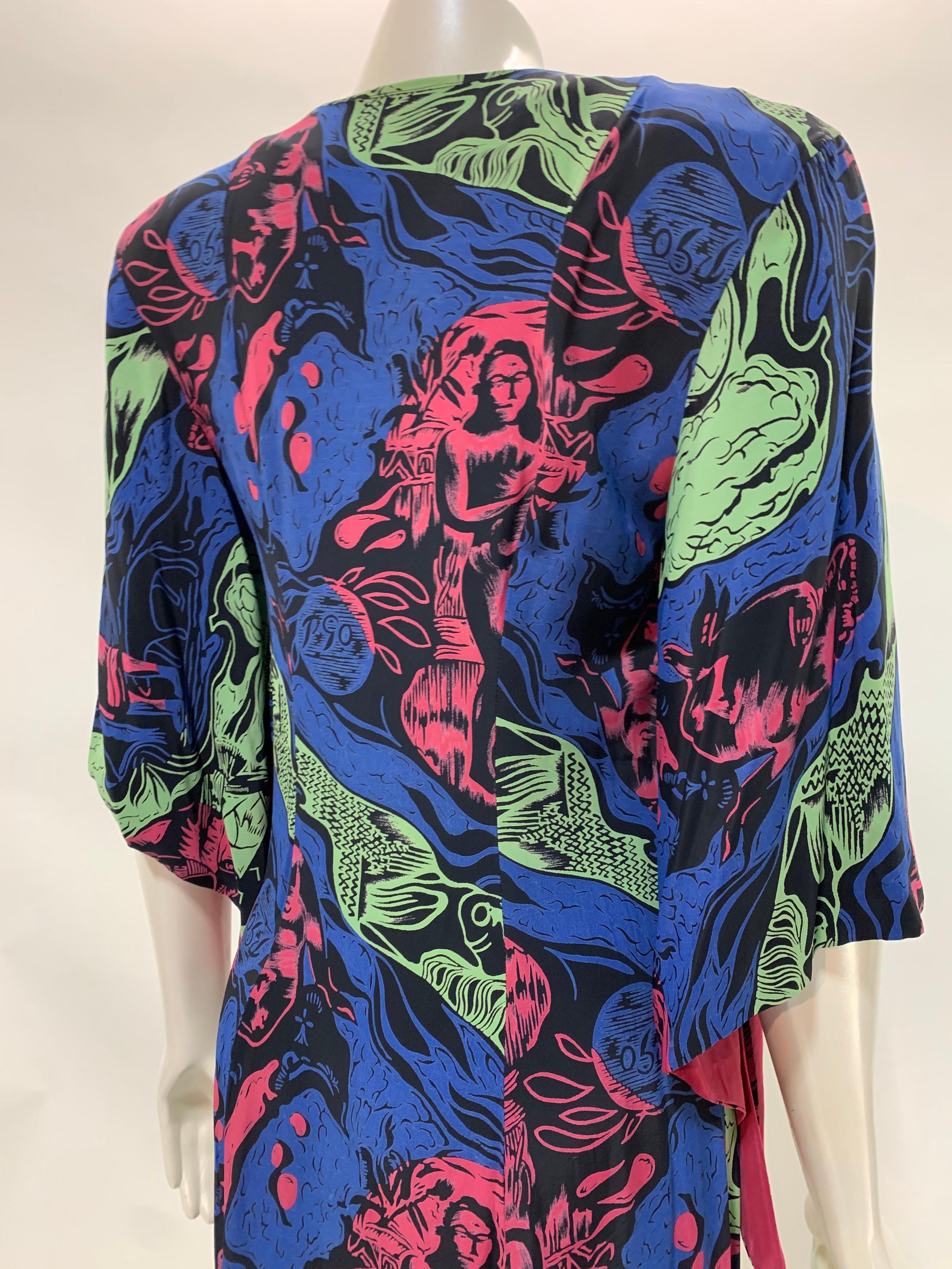 1940s Kamehameha Graphic Figural Print Rayon Dress in Polynesian Style For Sale 5