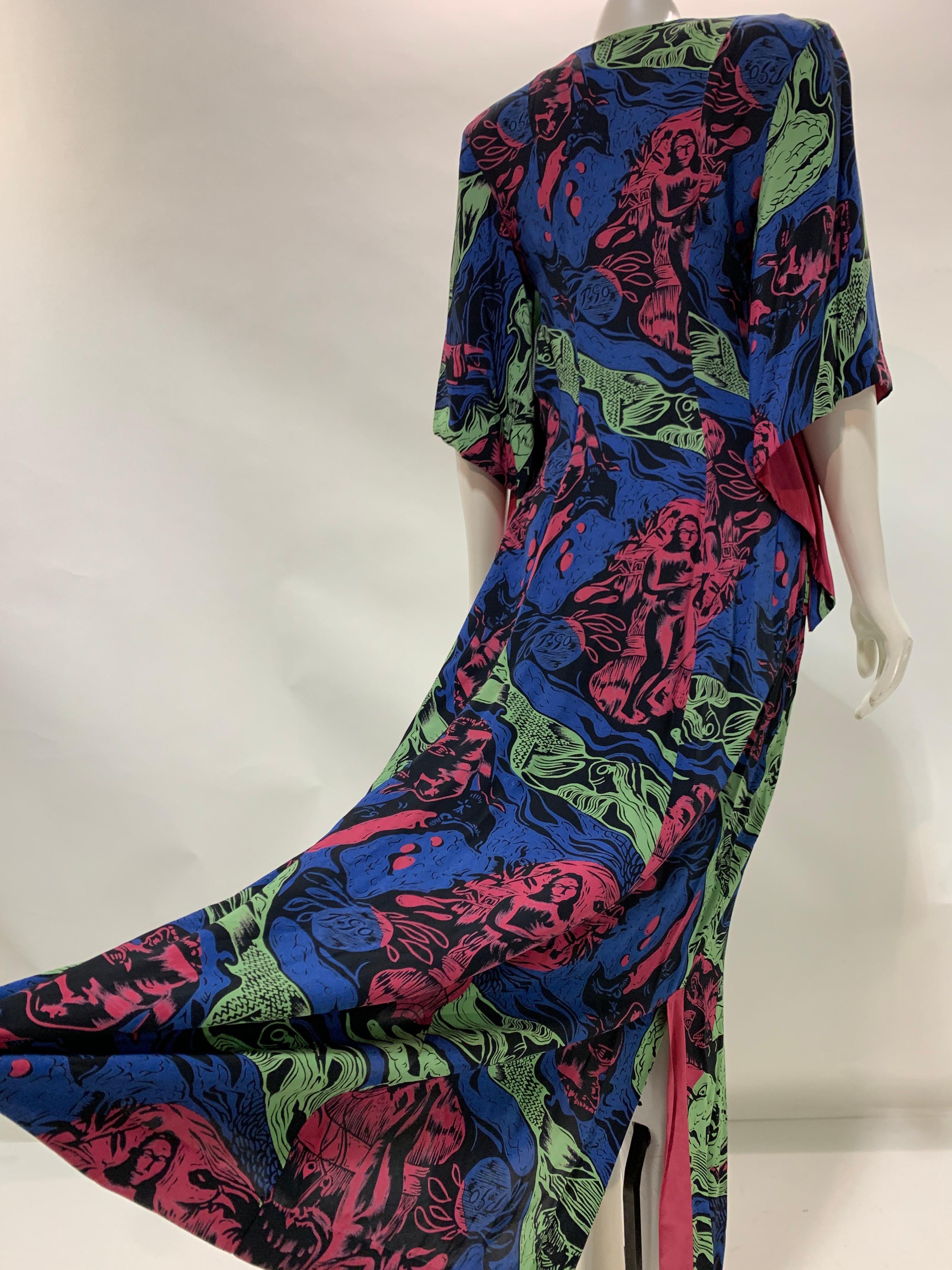 1940s Kamehameha Graphic Figural Print Rayon Dress in Polynesian Style For Sale 7