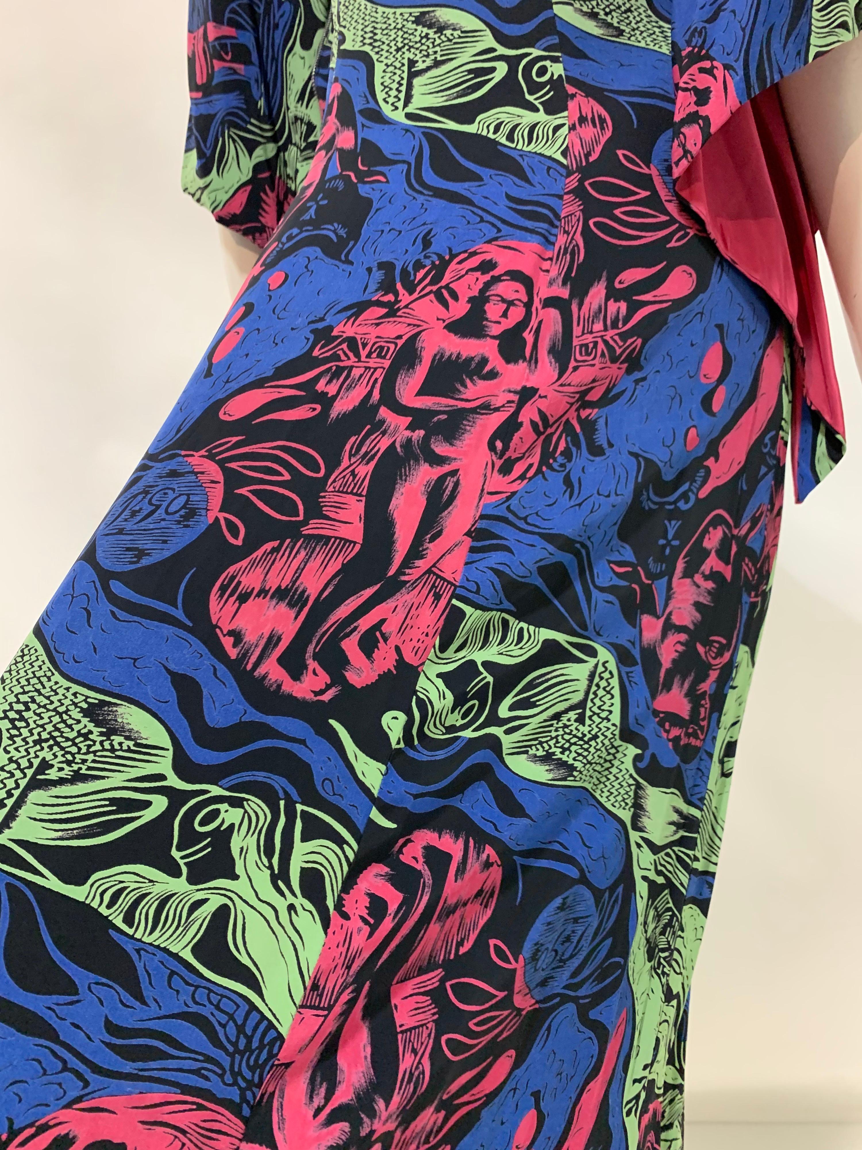 1940s Kamehameha Graphic Figural Print Rayon Dress in Polynesian Style For Sale 8