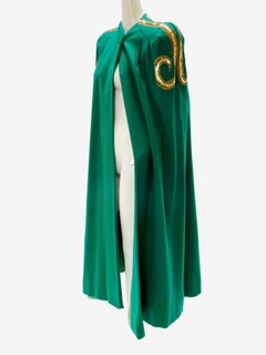 1940s Kelly Green Wool Cape w/ Gold Embroidery & Sequin Sculpted Shoulder Detail