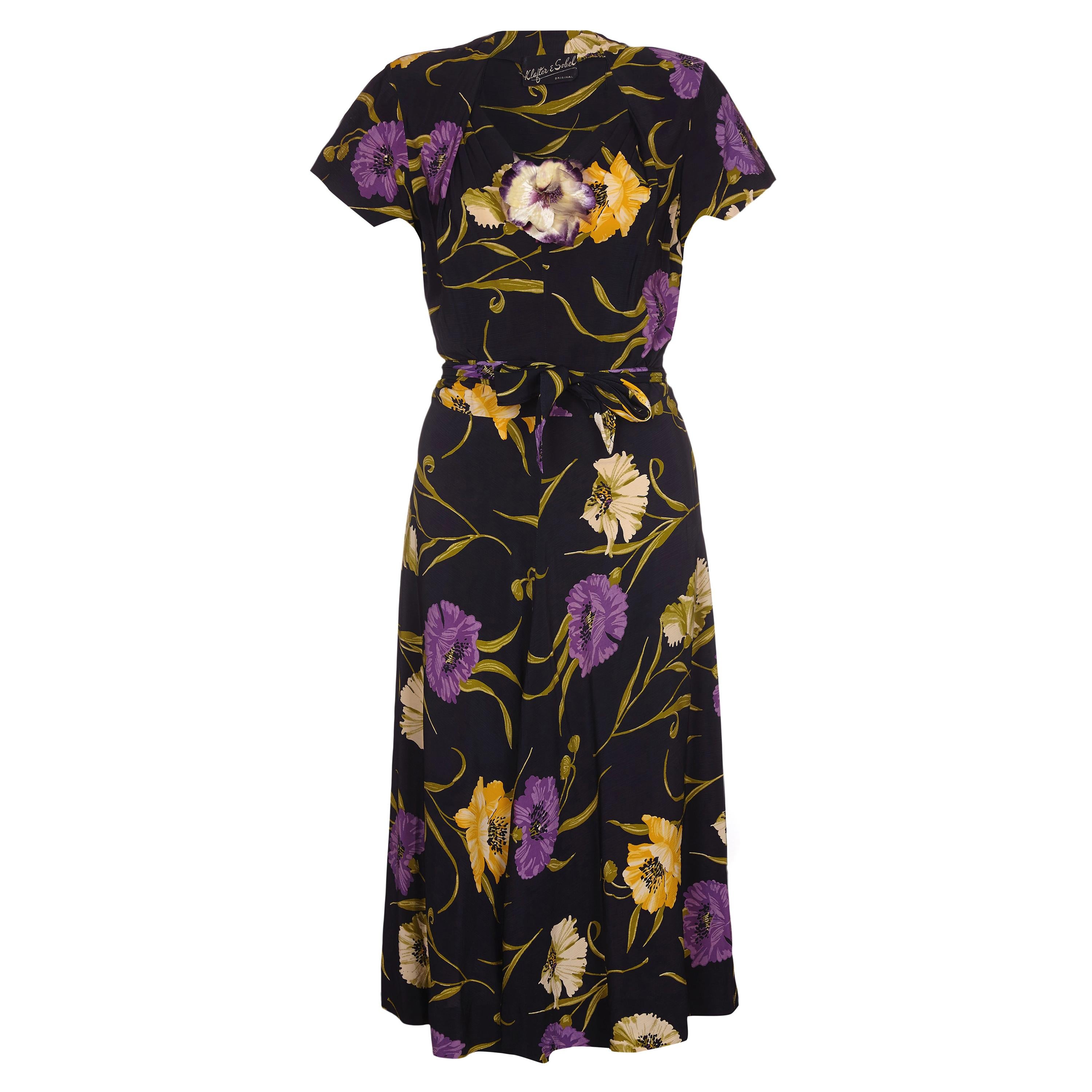 1940s Klafter & Sobel Navy Rayon Floral Crepe Dress with Corsage 