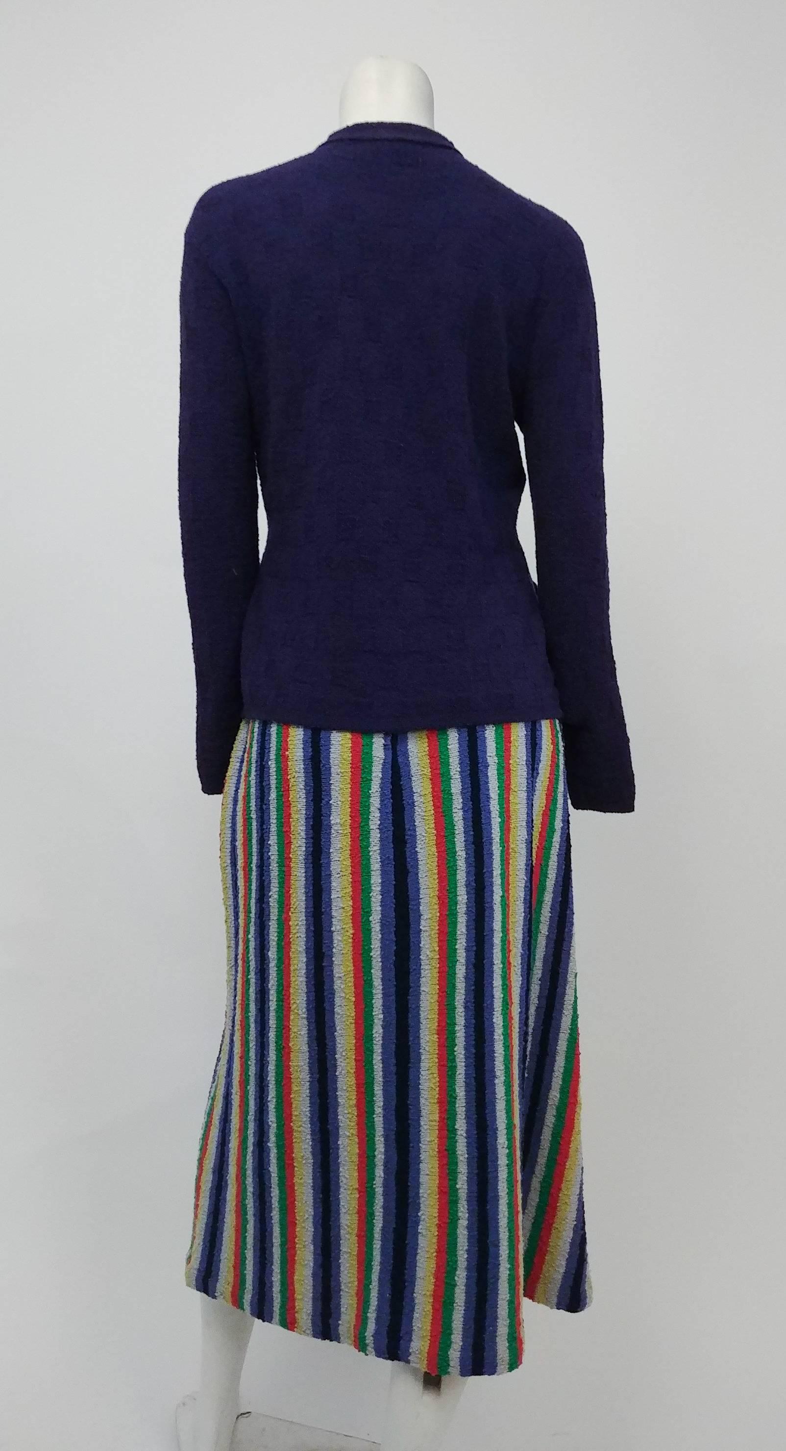 1940s Knit Multicolor Stripe Sweater & Skirt Set. Navy blue button down sweater and striped midi skirt with stretch waist. 