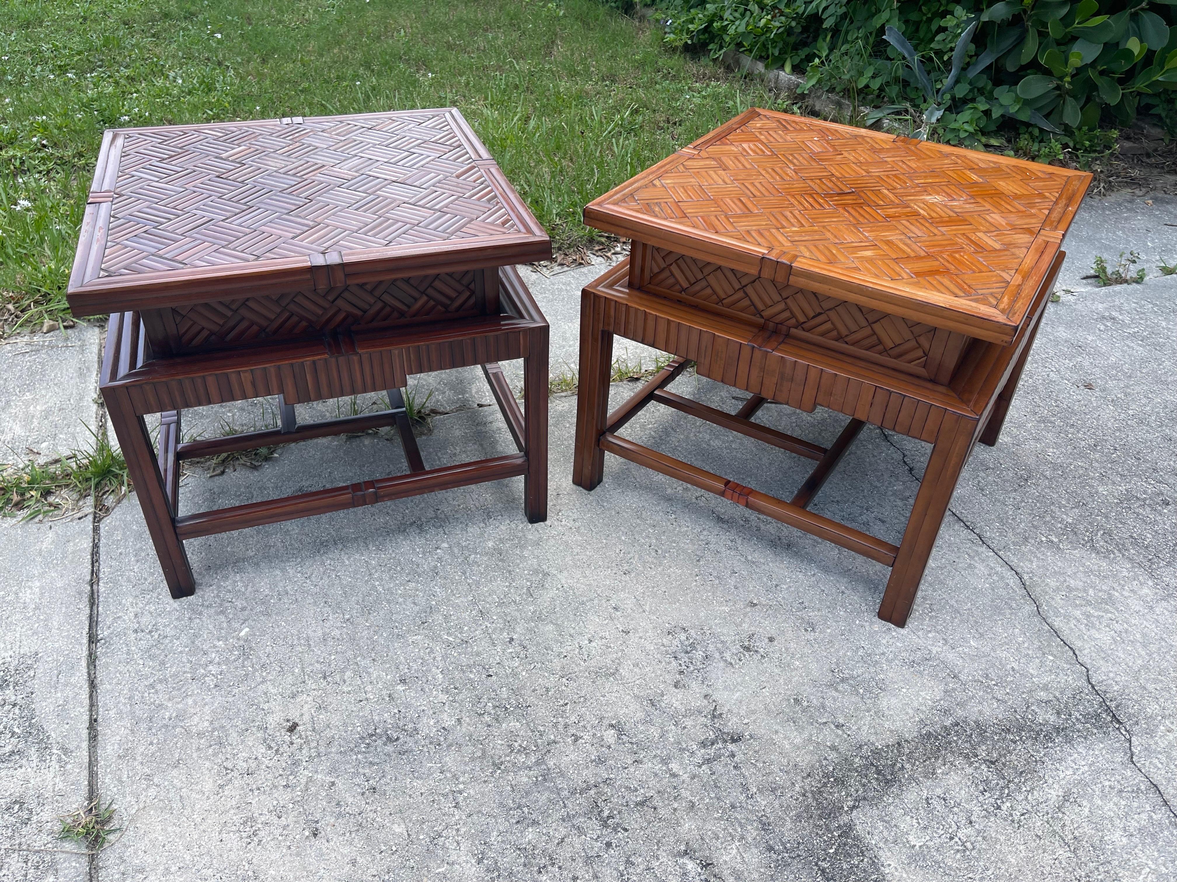 1940s Korean Bamboo Pagoda Side Tables or Nightstands with Drawers, a Pair For Sale 8