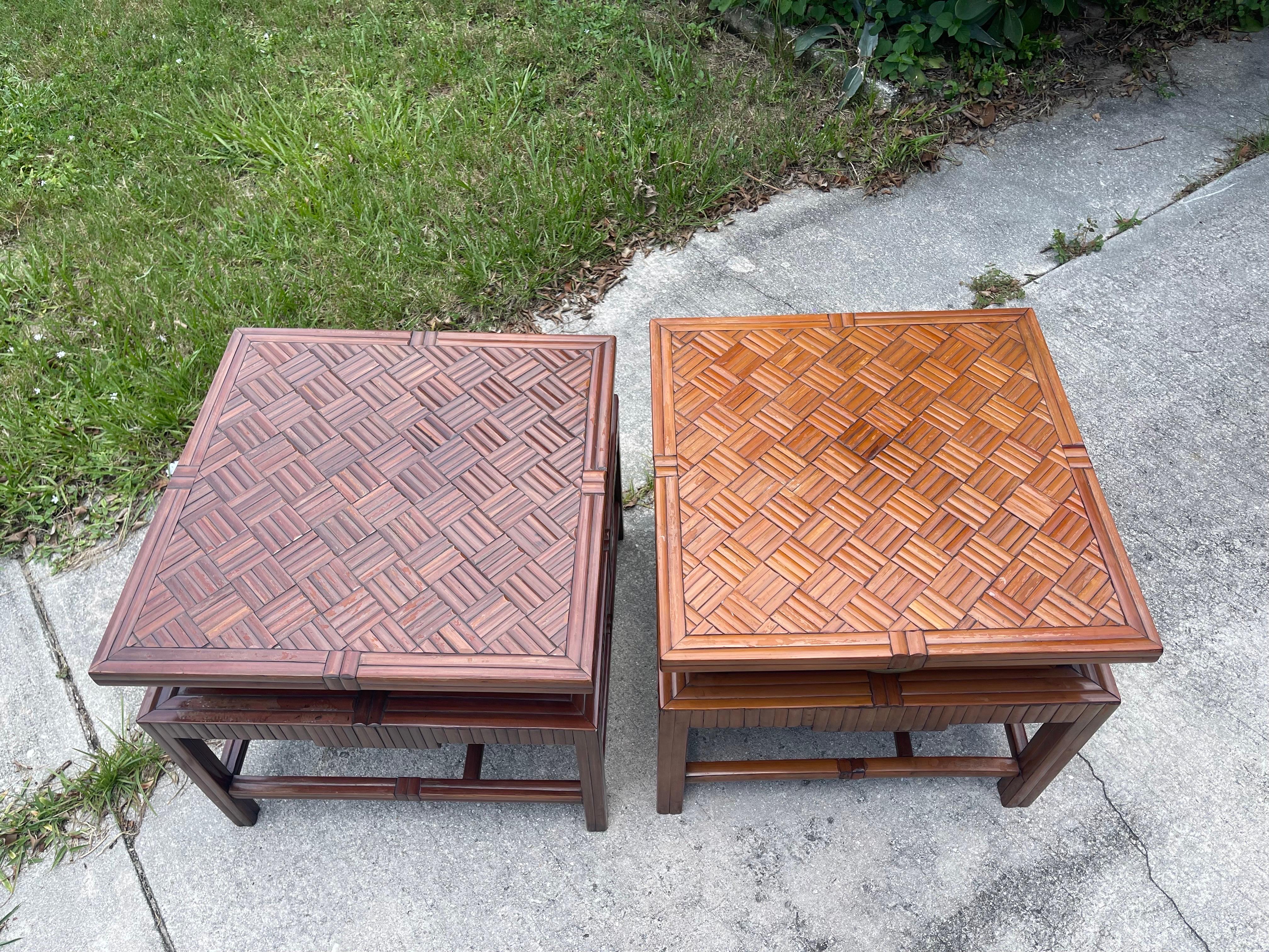 Brass 1940s Korean Bamboo Pagoda Side Tables or Nightstands with Drawers, a Pair For Sale