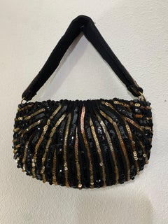 1940s Koret Black & Gold Striped Sequin Handbag w Spring-Hinge Closure