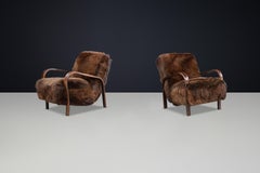1940s Kozelka & Kropacek Armchairs in Texel Sheepskin & Brown Patinated Frame