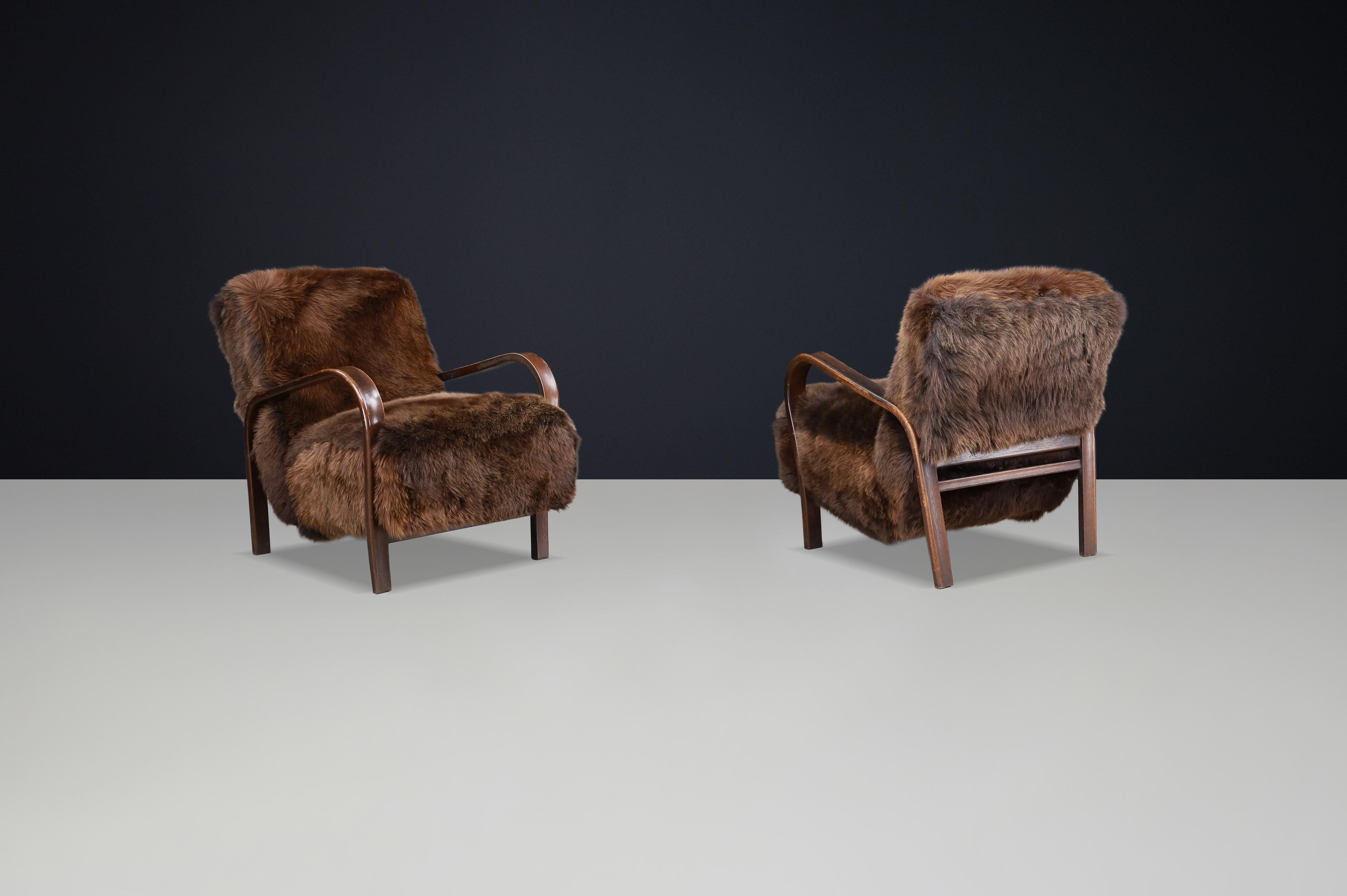 Mid-Century moderno Poltrone Kozelka & Kropacek degli anni '40 in pelle di pecora Texel e struttura patinata marrone in vendita