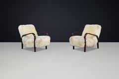 1940s Kozelka & Kropacek Armchairs in Texel Sheepskin & Dark Patinated Frame
