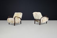 1940s Kozelka & Kropacek Armchairs in Texel Sheepskin & Dark Patinated Frame