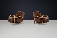 1940s Kozelka & Kropacek Armchairs in Texel Sheepskin & Middle Brown Frame