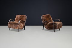 1940s Kozelka & Kropacek Armchairs in Texel Sheepskin & Patinated Bentwood