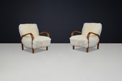 1940s Kozelka & Kropacek Armchairs, Ivory Texel Sheepskin & Patinated Bentwood