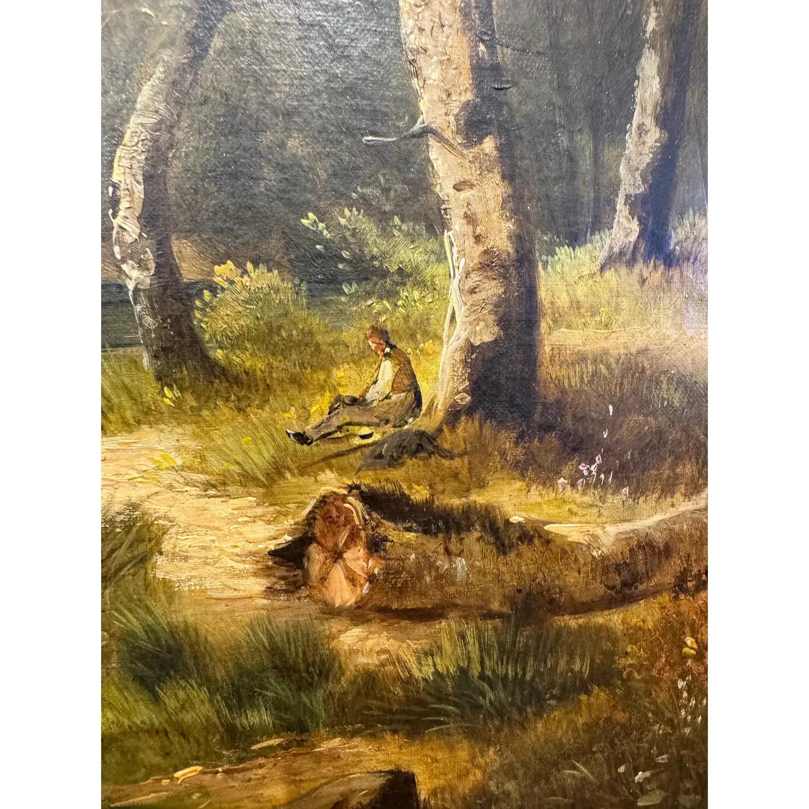 Cette captivante peinture à l'huile de paysage capture l'essence de la nature avec un bûcheron assis dans une prairie verdoyante. Les teintes vives et les détails complexes donnent vie à la scène, invitant les spectateurs à s'immerger dans la